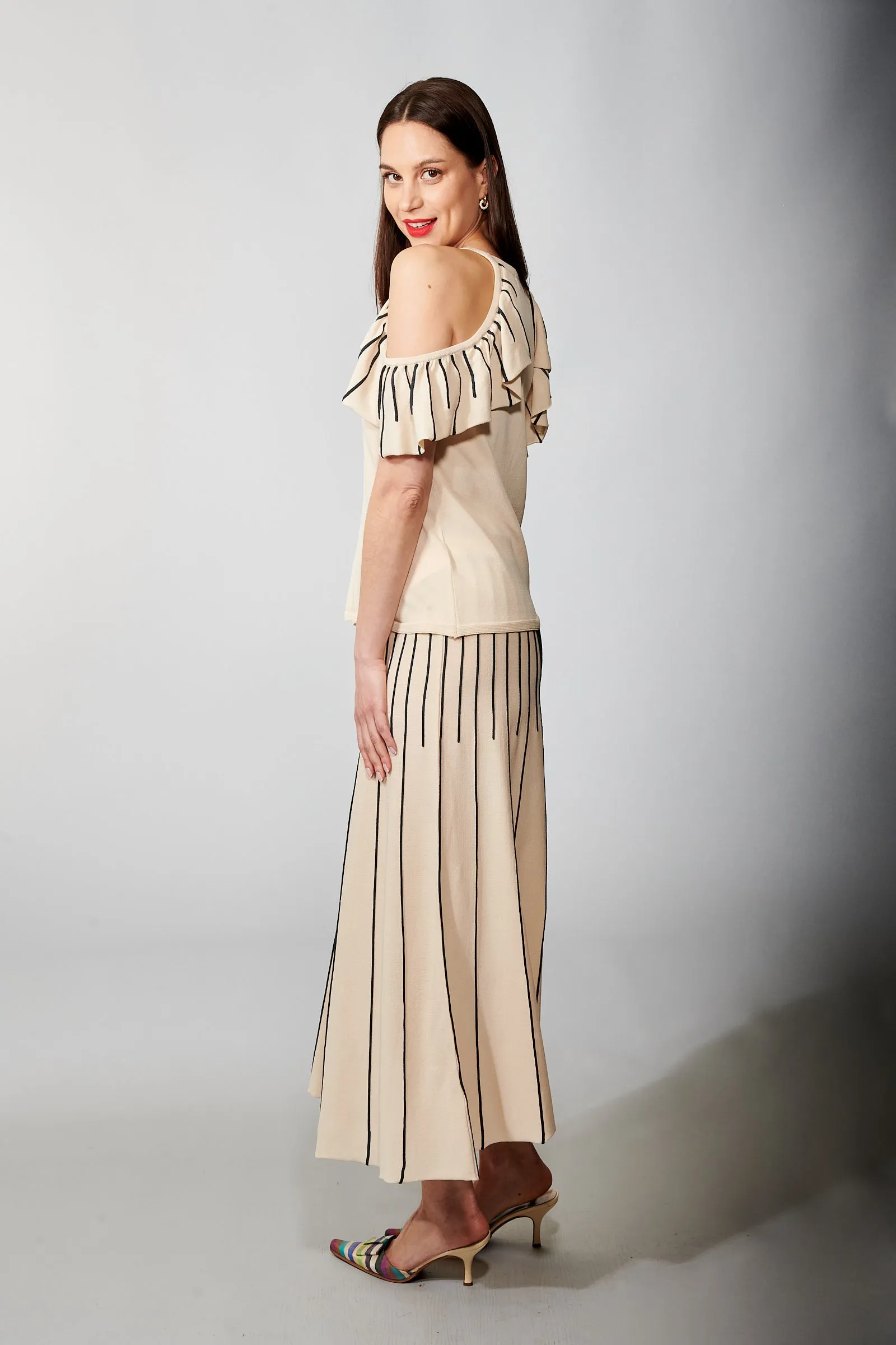 Aldo Martins, Sustainable Knit , Orus Ruffled Cold Shoulder Top in Eggshell
