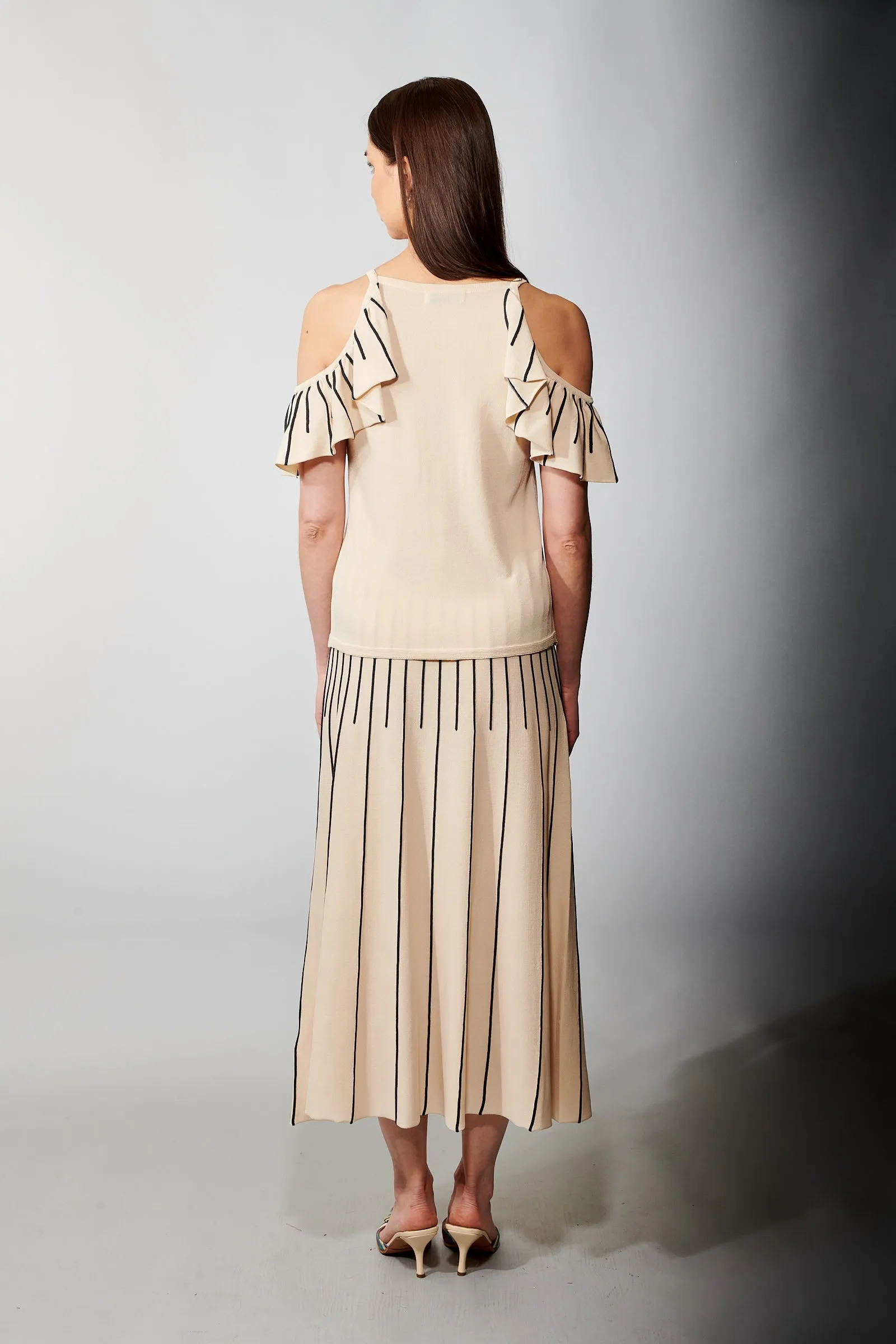 Aldo Martins, Sustainable Knit , Orus Ruffled Cold Shoulder Top in Eggshell