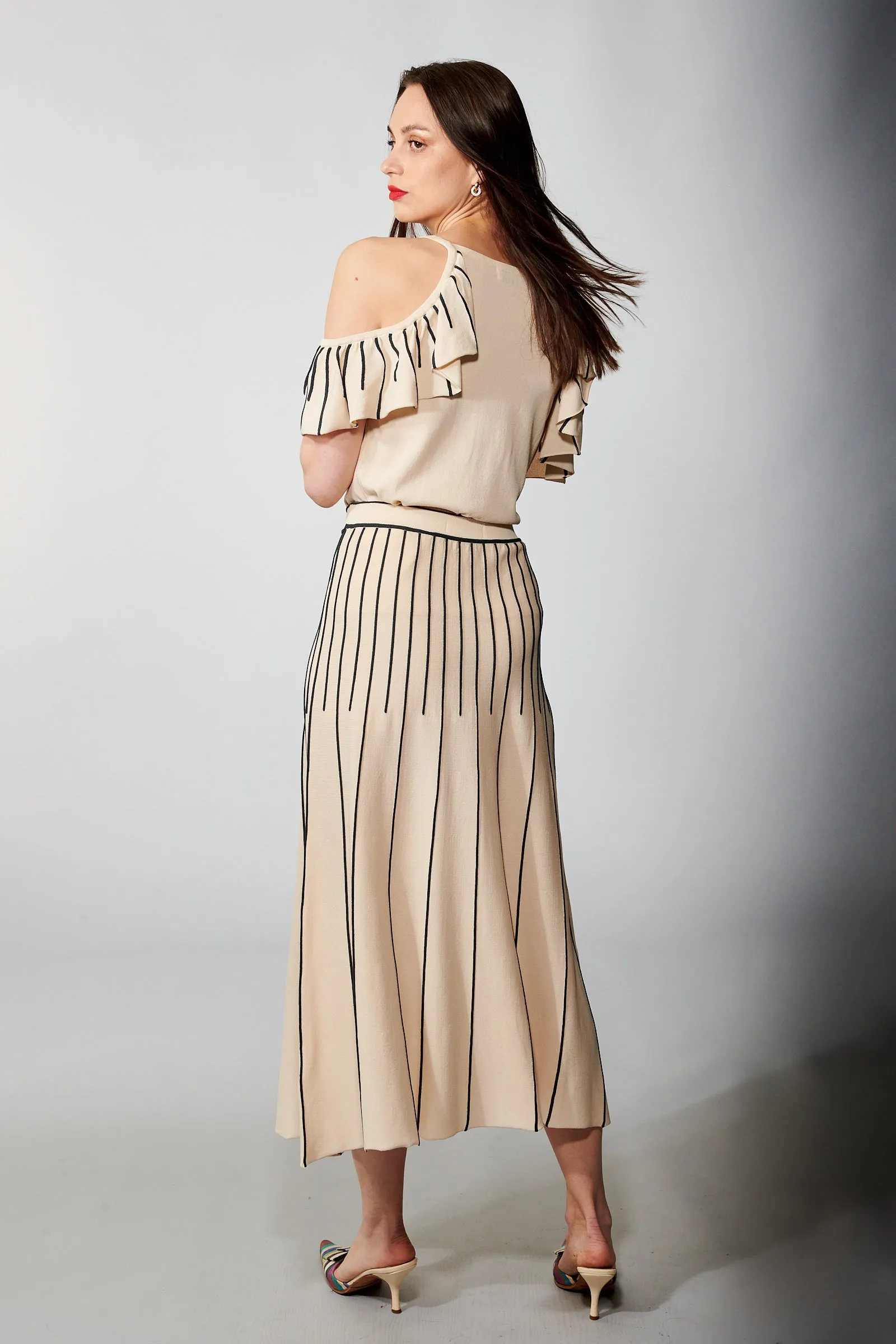Aldo Martins, Sustainable Knit , Orus Ruffled Cold Shoulder Top in Eggshell