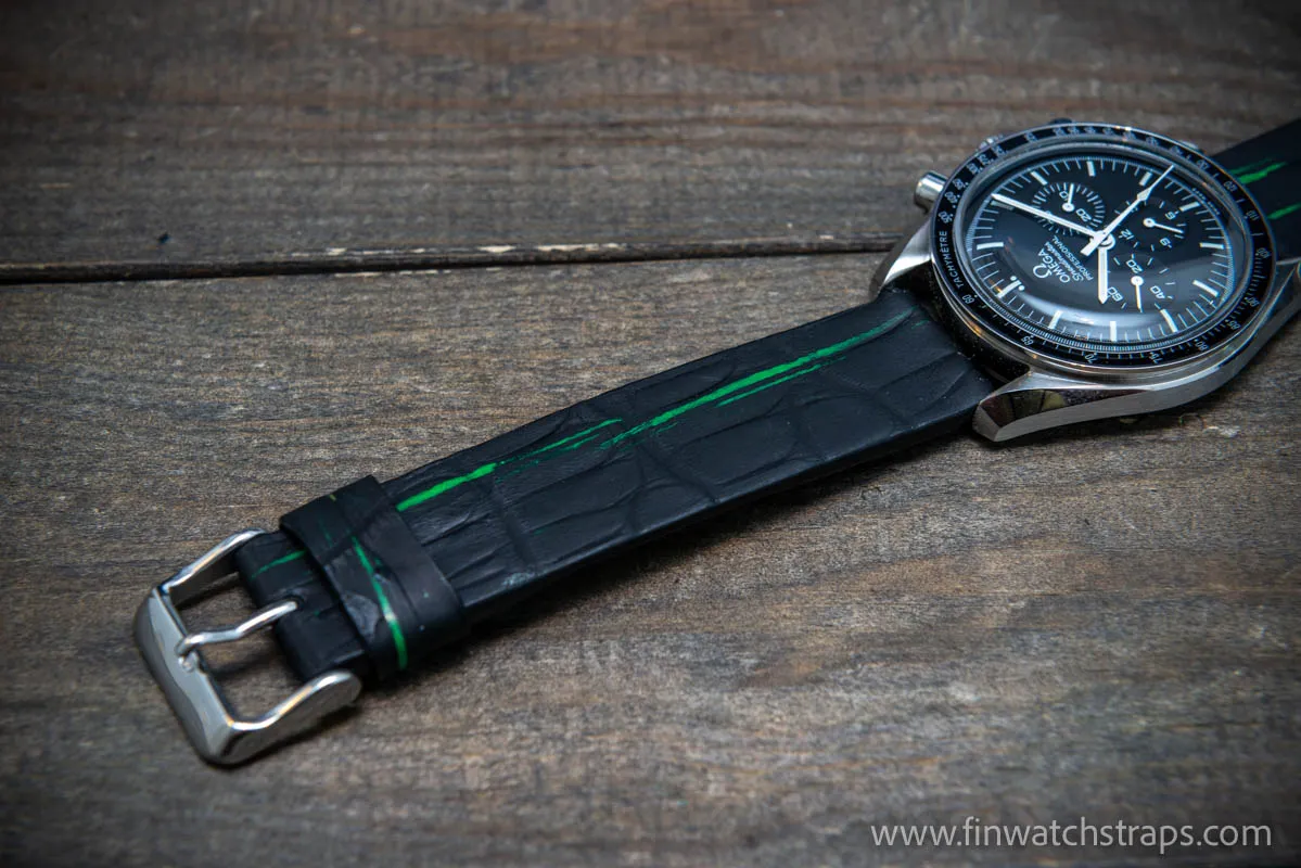 Alligator watch strap, Black matte with neon paint, handmade in Finland, French Croco