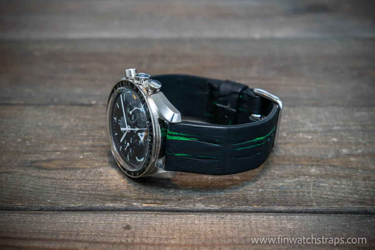 Alligator watch strap, Black matte with neon paint, handmade in Finland, French Croco