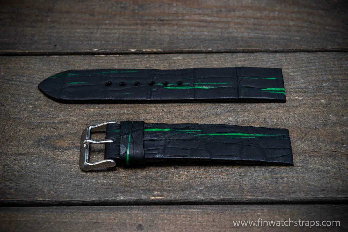 Alligator watch strap, Black matte with neon paint, handmade in Finland, French Croco