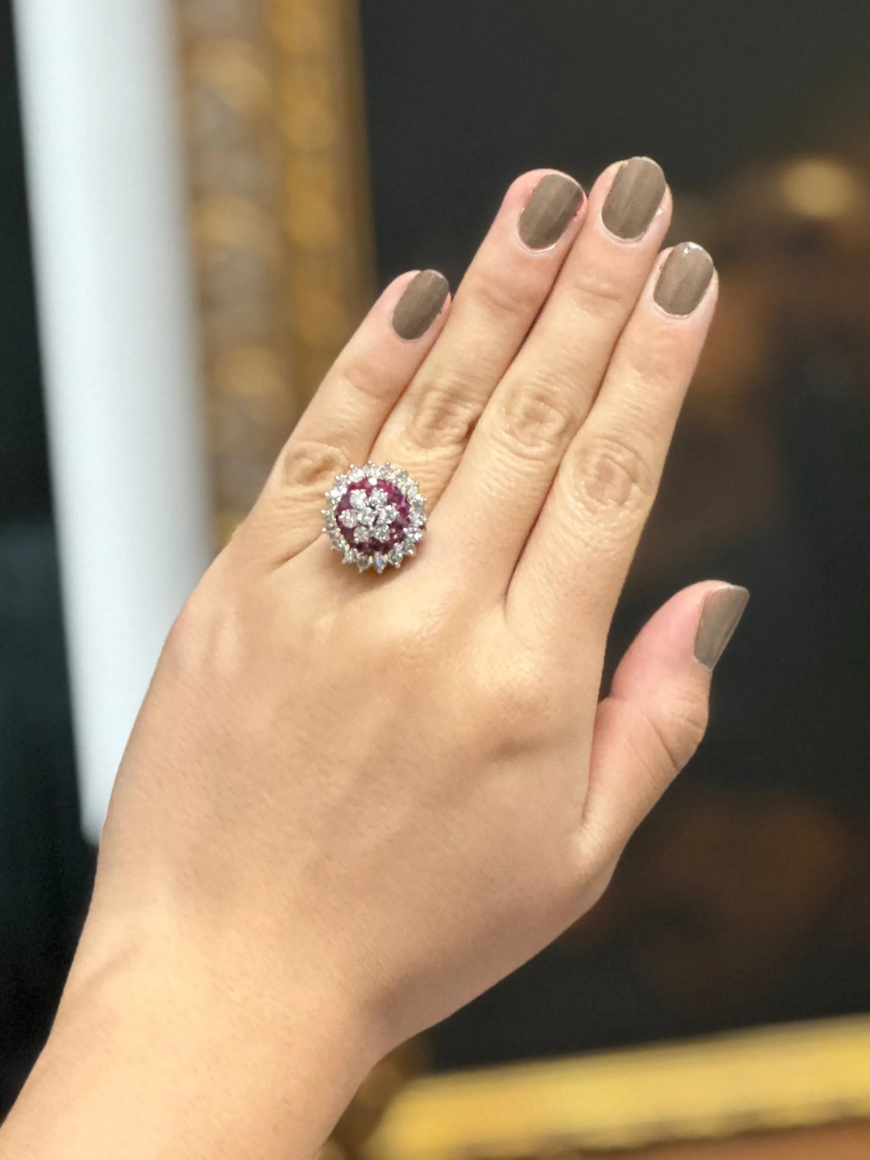Antique Design 18K Yellow Gold with Diamond and Ruby Cocktail Ring - $40K Appraisal Value w/CoA}