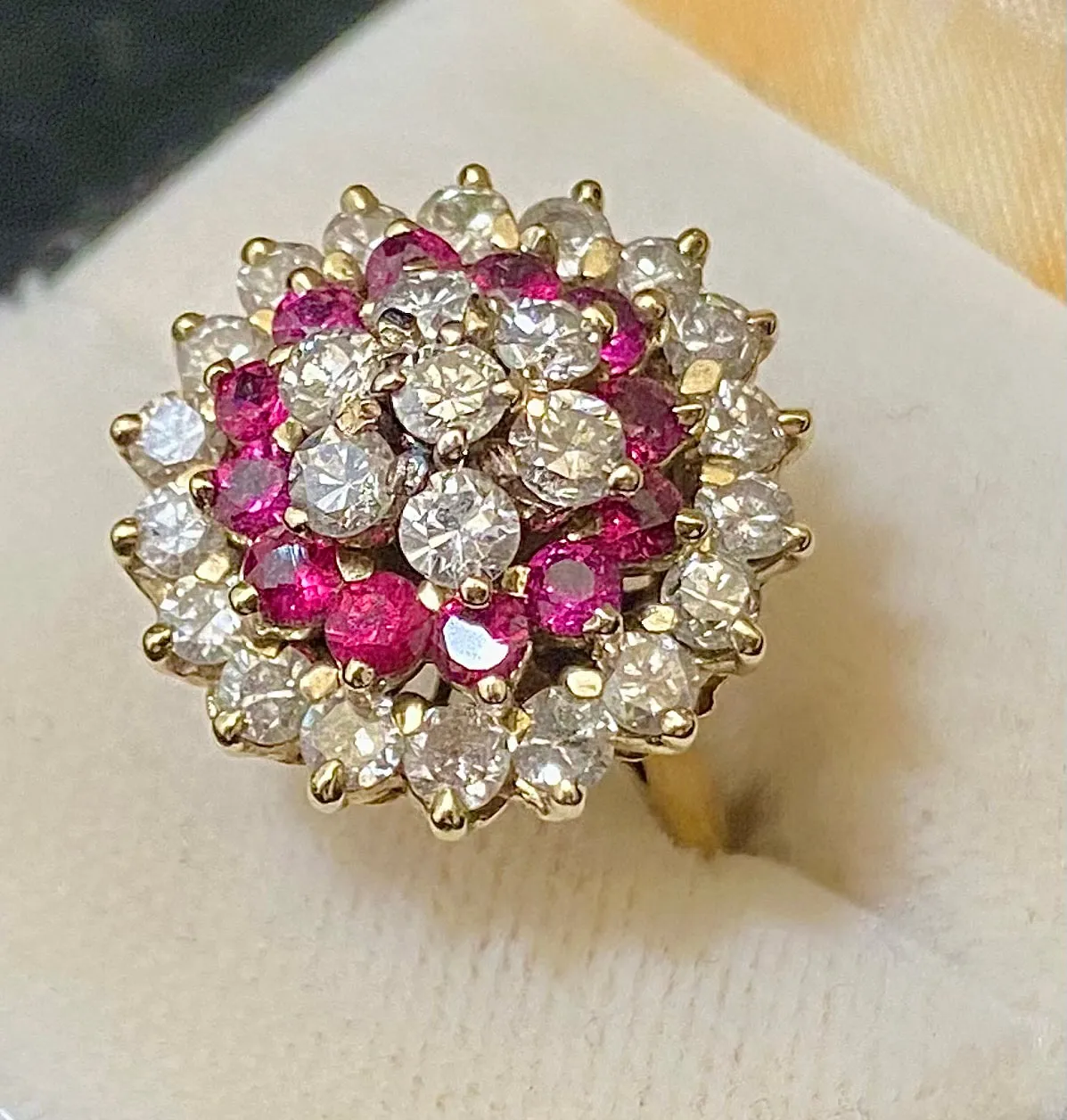 Antique Design 18K Yellow Gold with Diamond and Ruby Cocktail Ring - $40K Appraisal Value w/CoA}