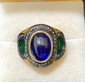 Antique Design Yellow Gold P& Sterling Silver with Sapphire & 53 Diamonds Ring - $8K Appraisal Value w/CoA}