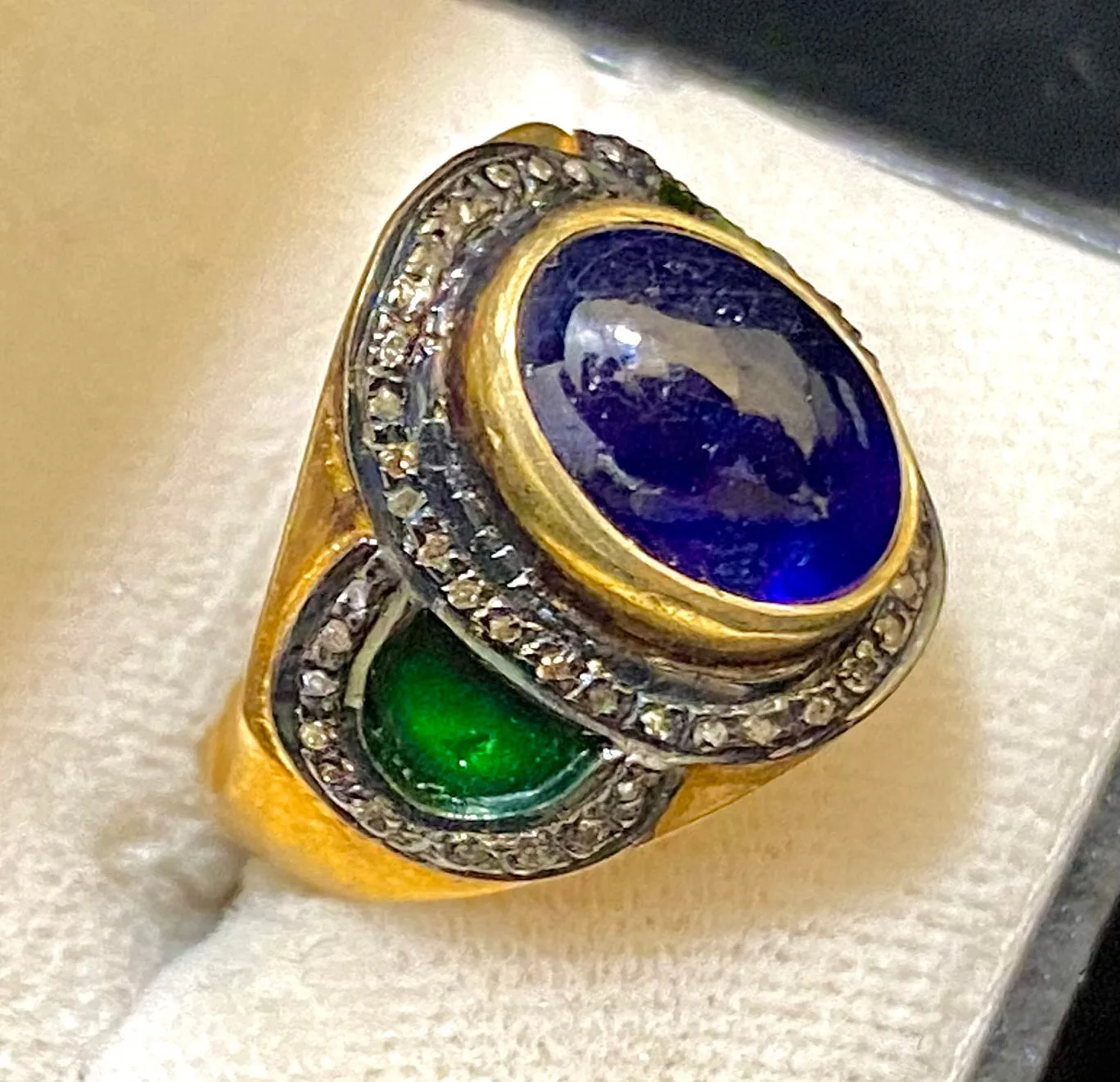 Antique Design Yellow Gold P& Sterling Silver with Sapphire & 53 Diamonds Ring - $8K Appraisal Value w/CoA}