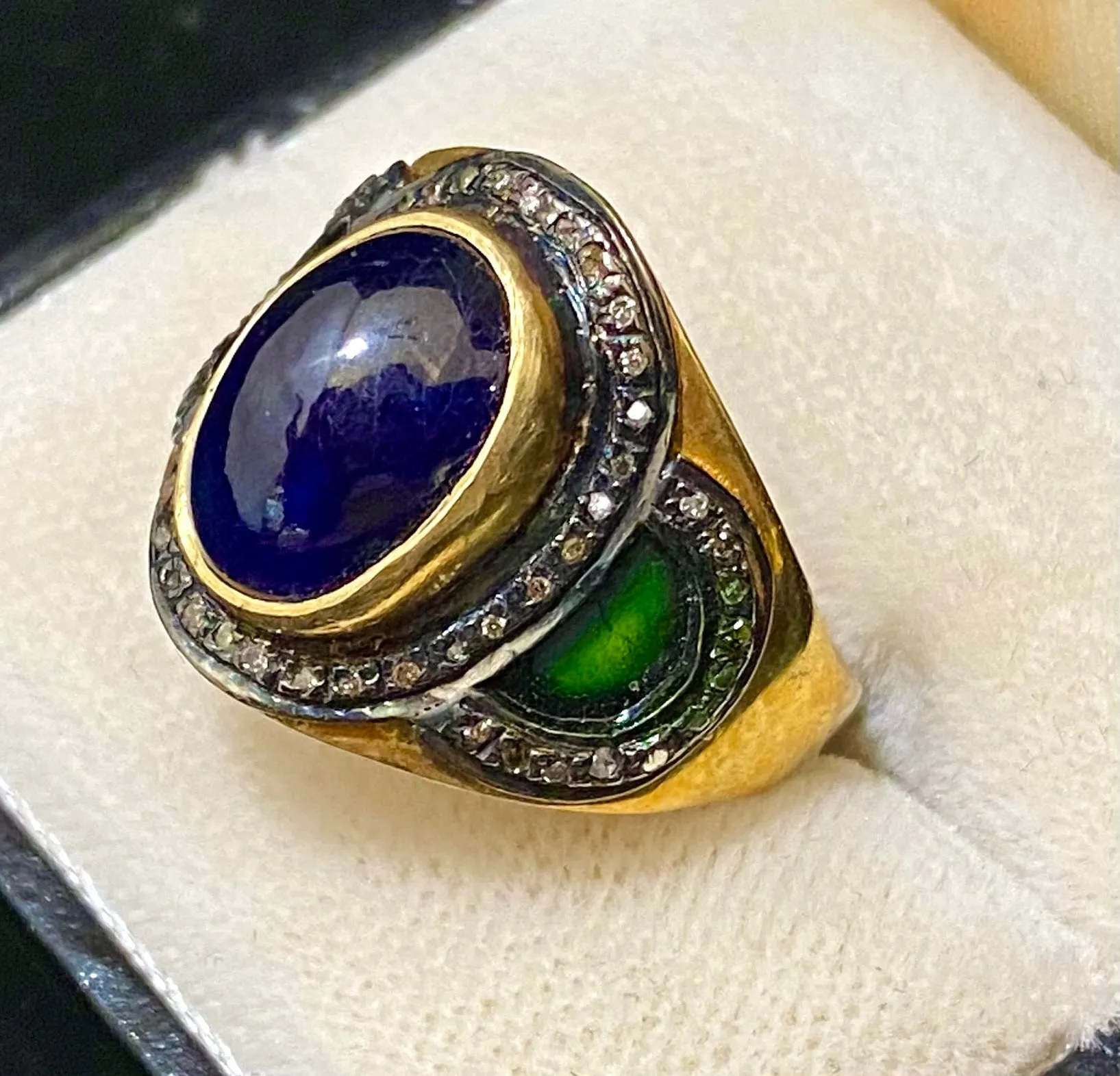 Antique Design Yellow Gold P& Sterling Silver with Sapphire & 53 Diamonds Ring - $8K Appraisal Value w/CoA}