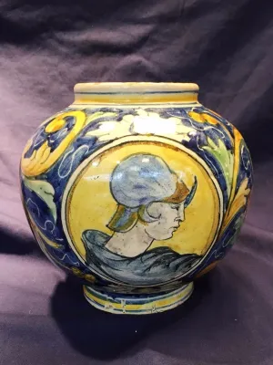 Antique Majolica Cachepot Italian Vase with Warrior Circa 17th Century - $50K VALUE