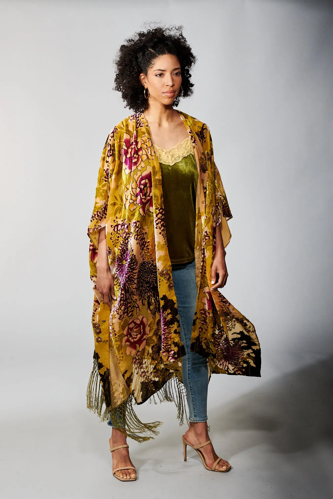 Aratta, Cut Velvet, Forest Goddess Maxi Kimono in olive