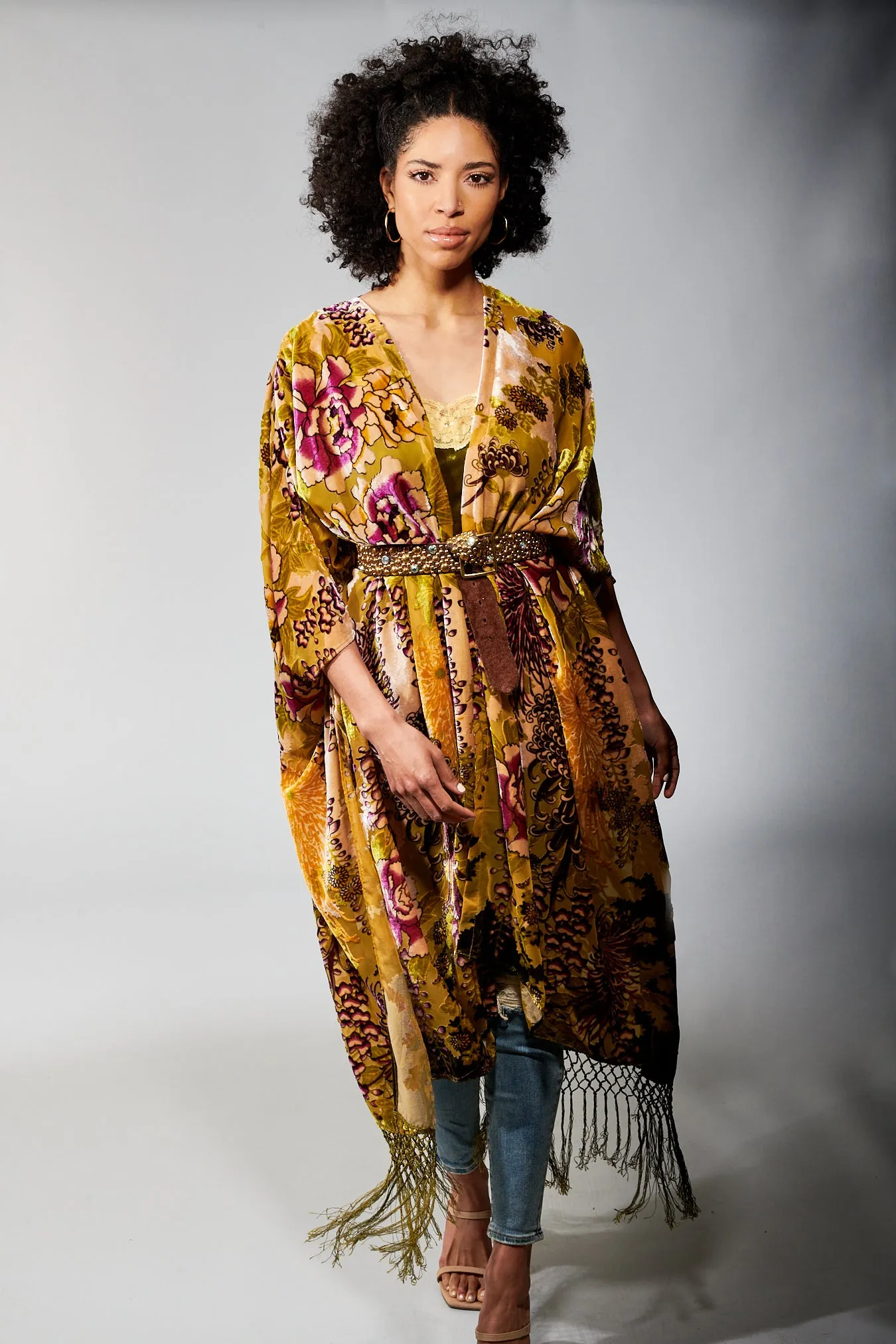 Aratta, Cut Velvet, Forest Goddess Maxi Kimono in olive