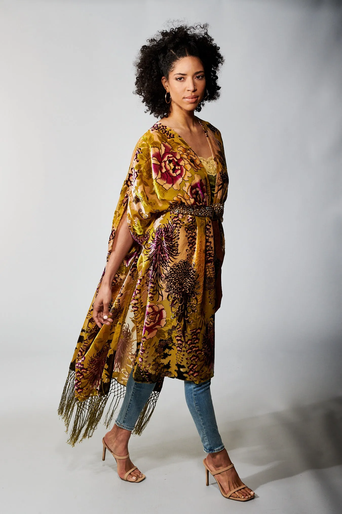 Aratta, Cut Velvet, Forest Goddess Maxi Kimono in olive