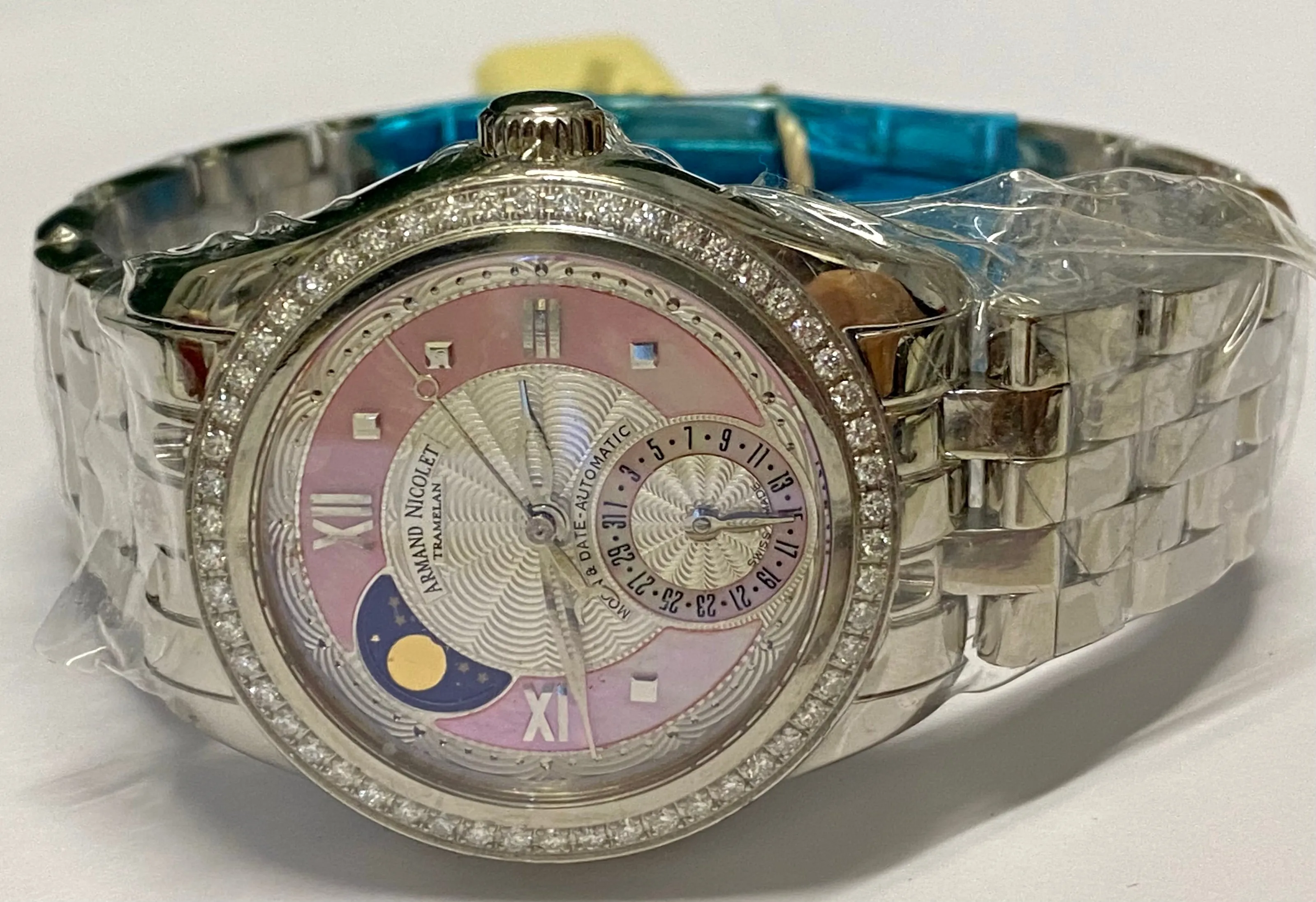 ARMAND NICOLET Tramelan SS Pink MOP Dial Moon-Date Brand New - $20K APR w/ COA!!