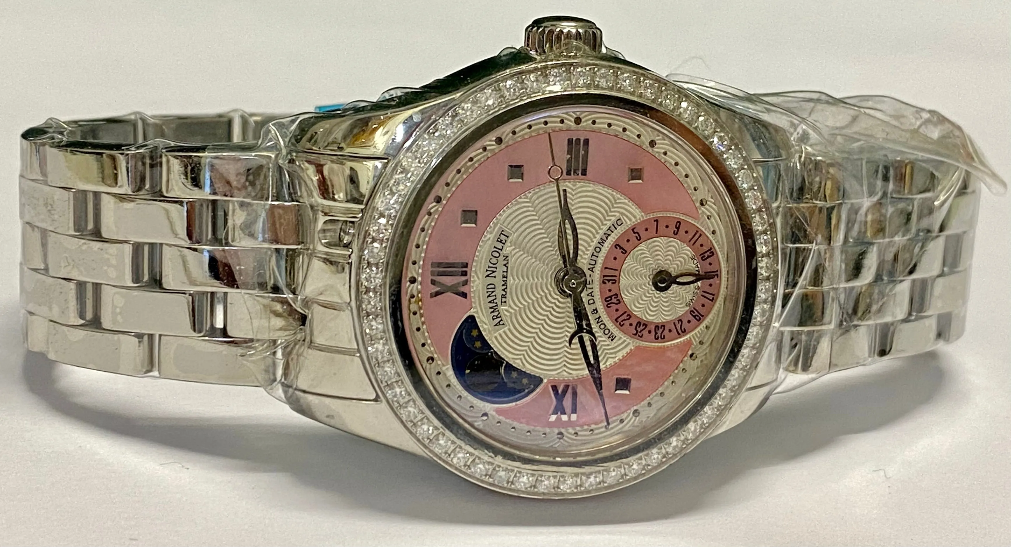 ARMAND NICOLET Tramelan SS Pink MOP Dial Moon-Date Brand New - $20K APR w/ COA!!