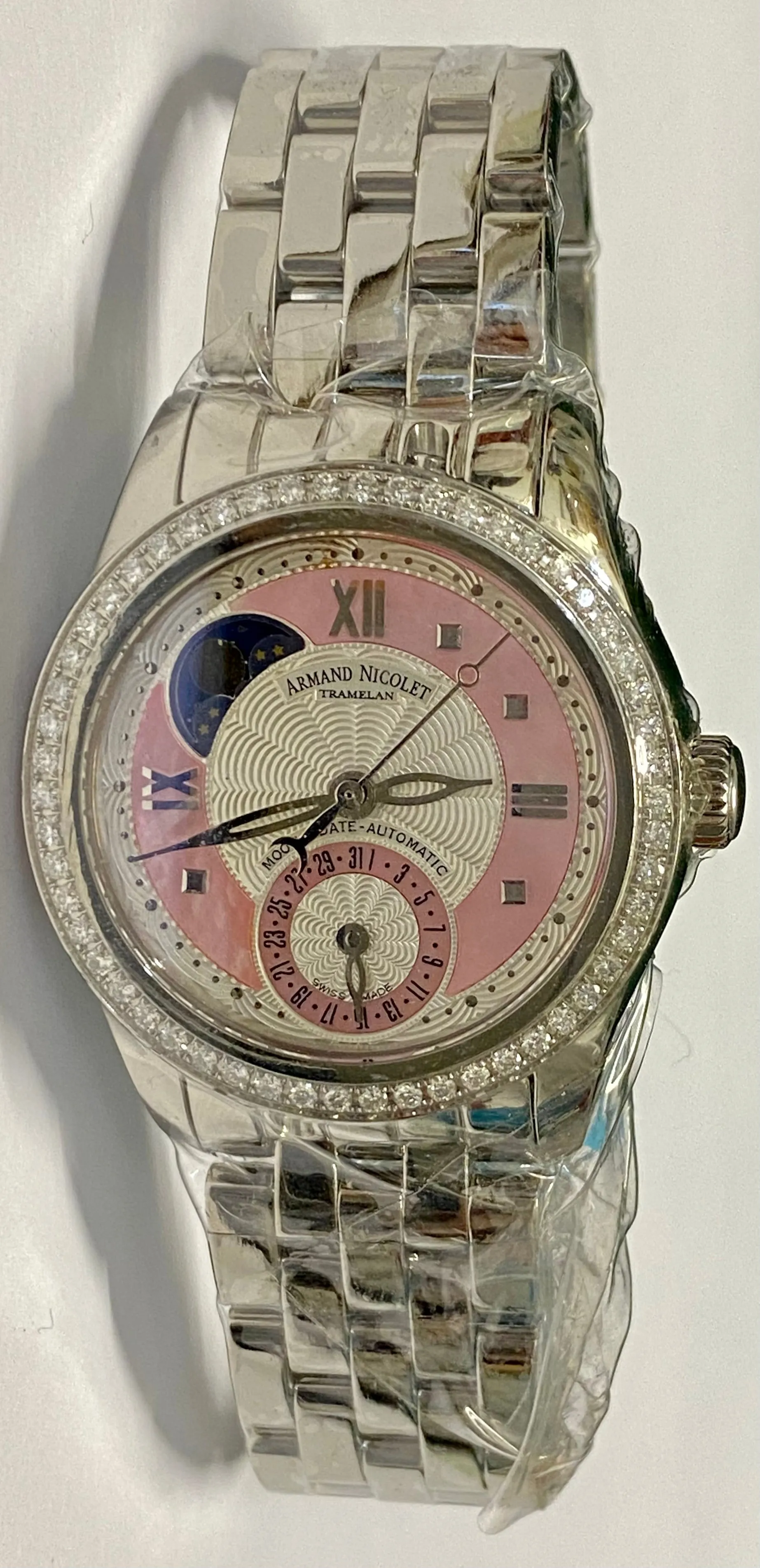 ARMAND NICOLET Tramelan SS Pink MOP Dial Moon-Date Brand New - $20K APR w/ COA!!