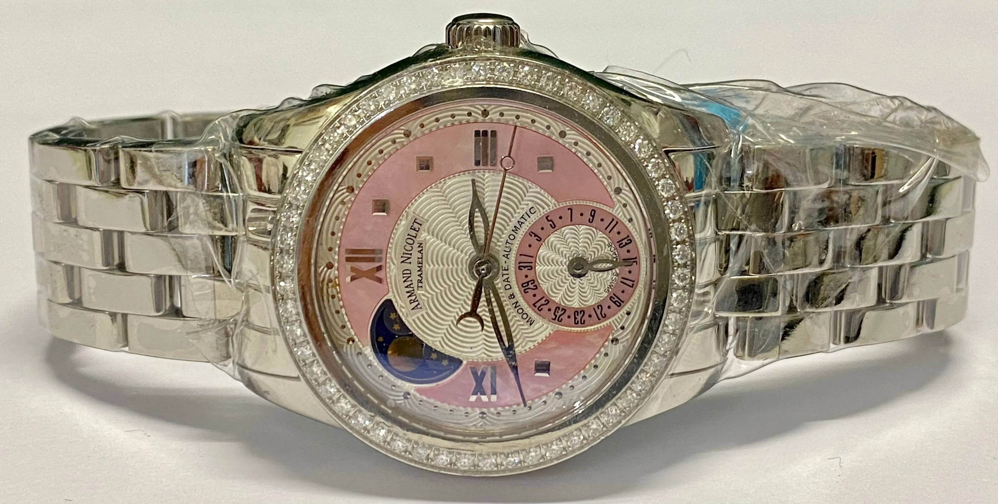 ARMAND NICOLET Tramelan SS Pink MOP Dial Moon-Date Brand New - $20K APR w/ COA!!