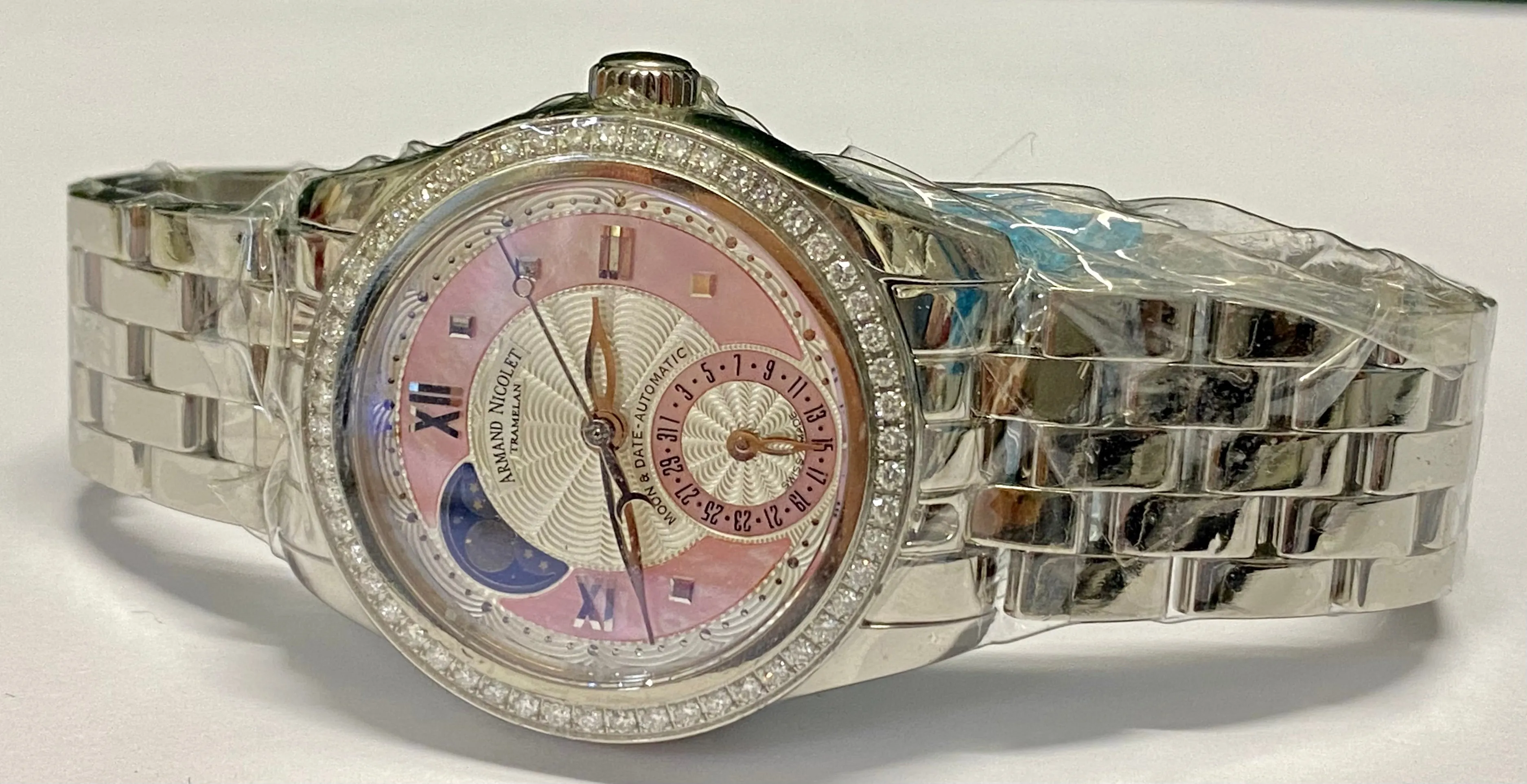 ARMAND NICOLET Tramelan SS Pink MOP Dial Moon-Date Brand New - $20K APR w/ COA!!