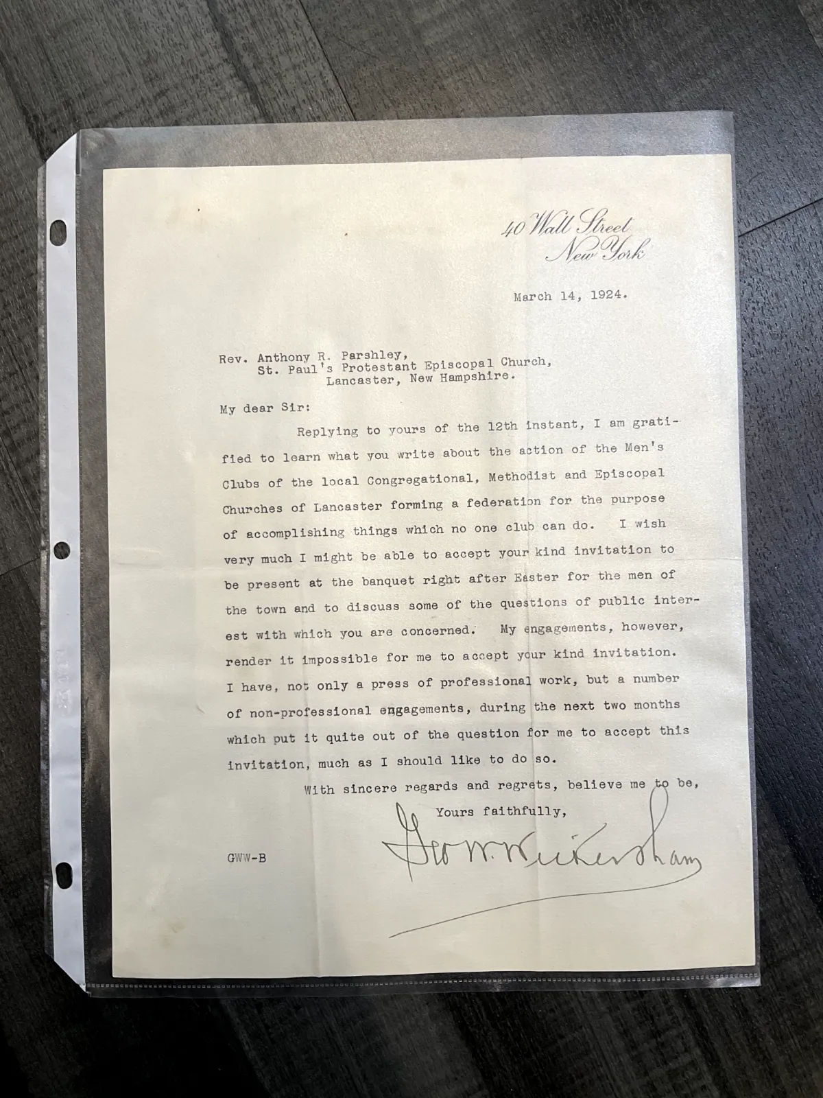 ATTY GENERAL GEORGE W WICKERSHAM C1924 SIGNED LETTER to REV PARSHLEY $2K APR/COA