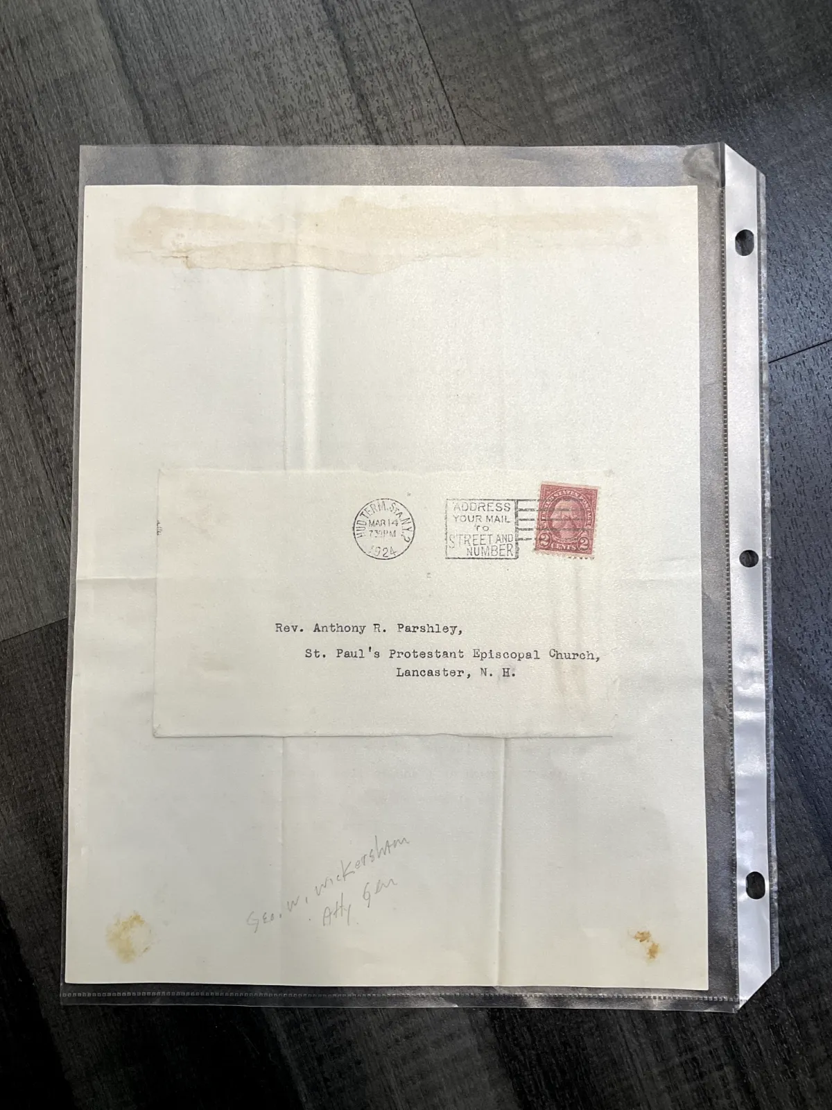 ATTY GENERAL GEORGE W WICKERSHAM C1924 SIGNED LETTER to REV PARSHLEY $2K APR/COA