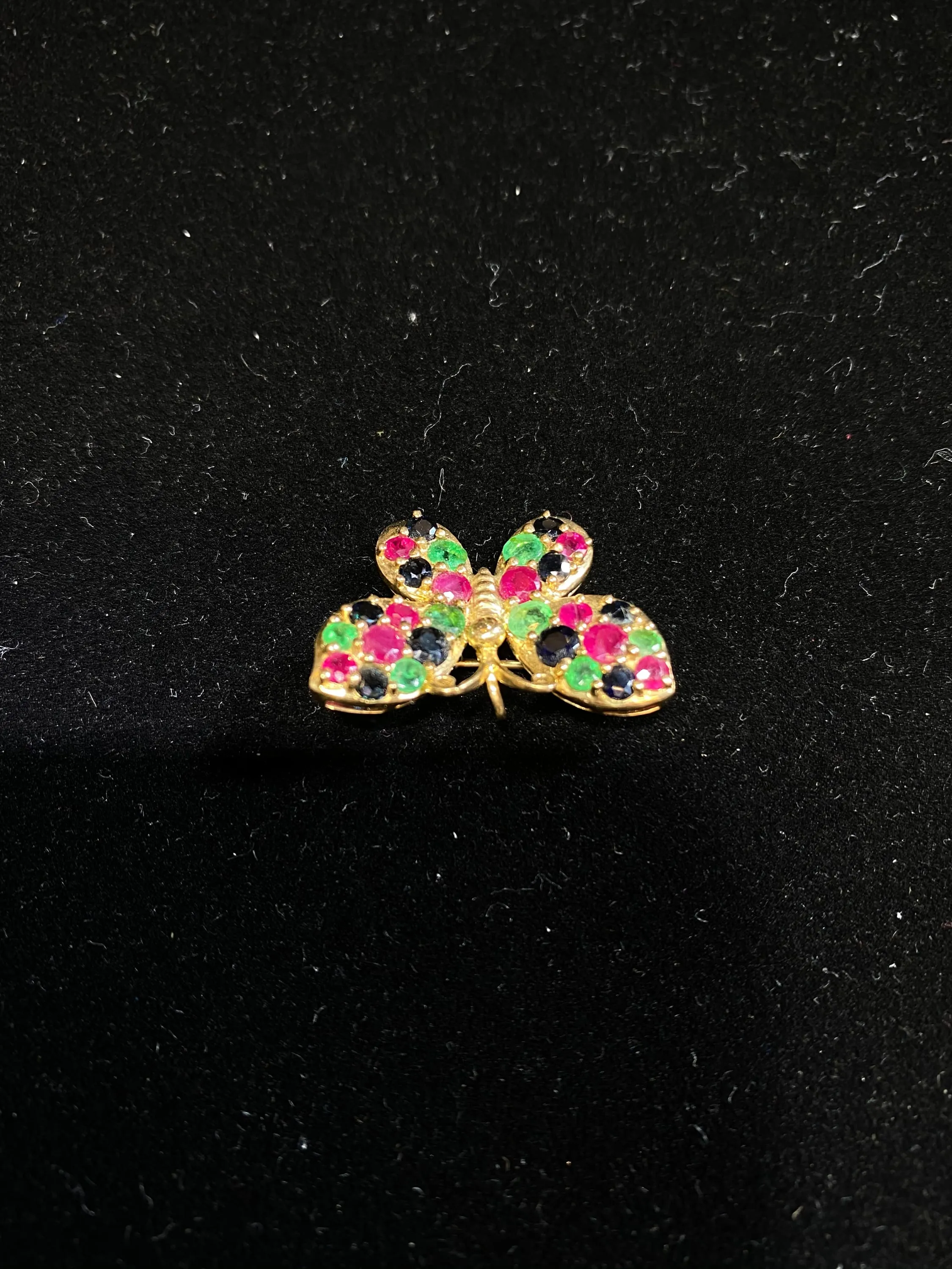 BEAUTIFUL Butterfly Design YG, Ruby, Sapphire & Emerald Brooch Pin, Vintage 1940's- $10K Appraisal Value w/ CoA! }✓