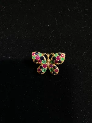 BEAUTIFUL Butterfly Design YG, Ruby, Sapphire & Emerald Brooch Pin, Vintage 1940's- $10K Appraisal Value w/ CoA! }✓