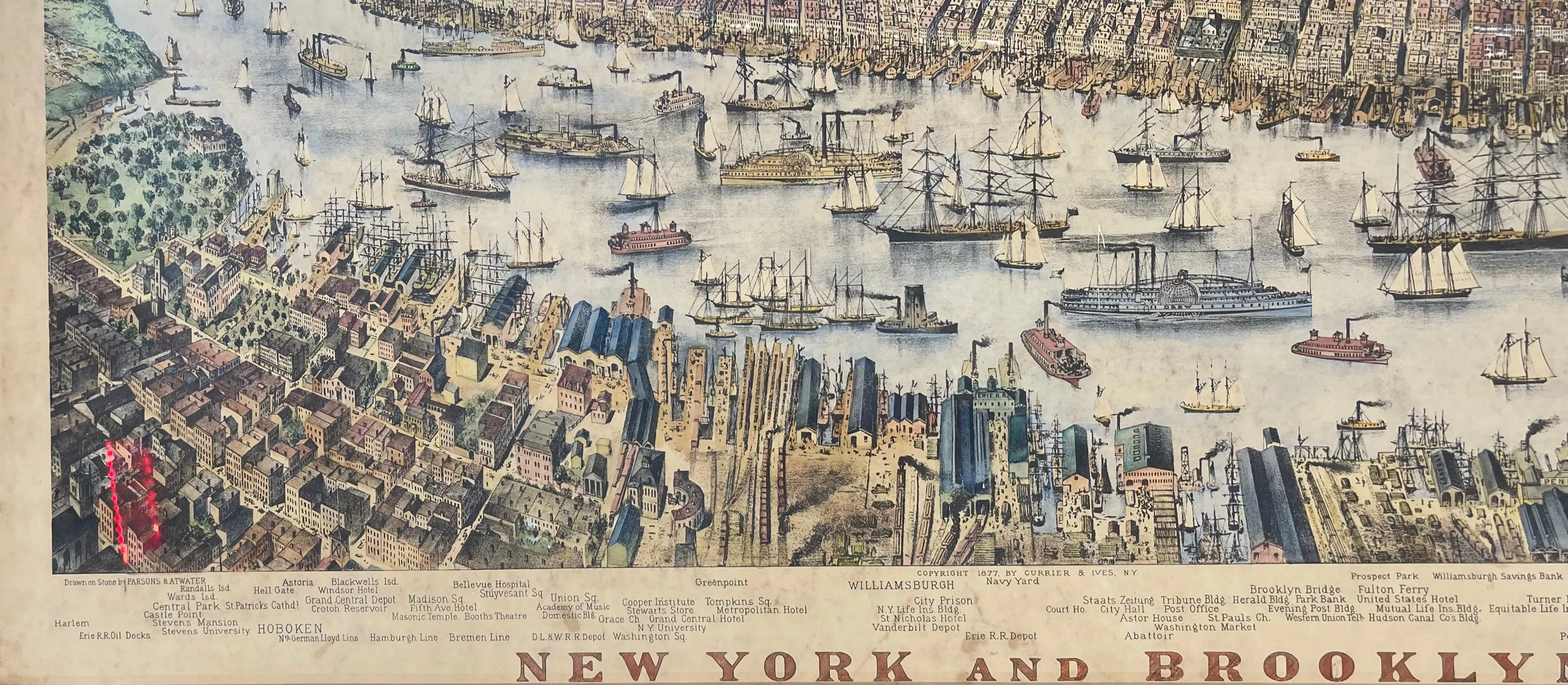 BEAUTIFUL FRAMED PRINT, NEW YORK TO BROOKLYN VINTAGE MAP 1877  - $20K APR w CoA!