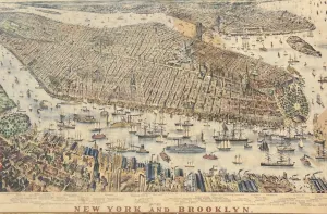 BEAUTIFUL FRAMED PRINT, NEW YORK TO BROOKLYN VINTAGE MAP 1877  - $20K APR w CoA!