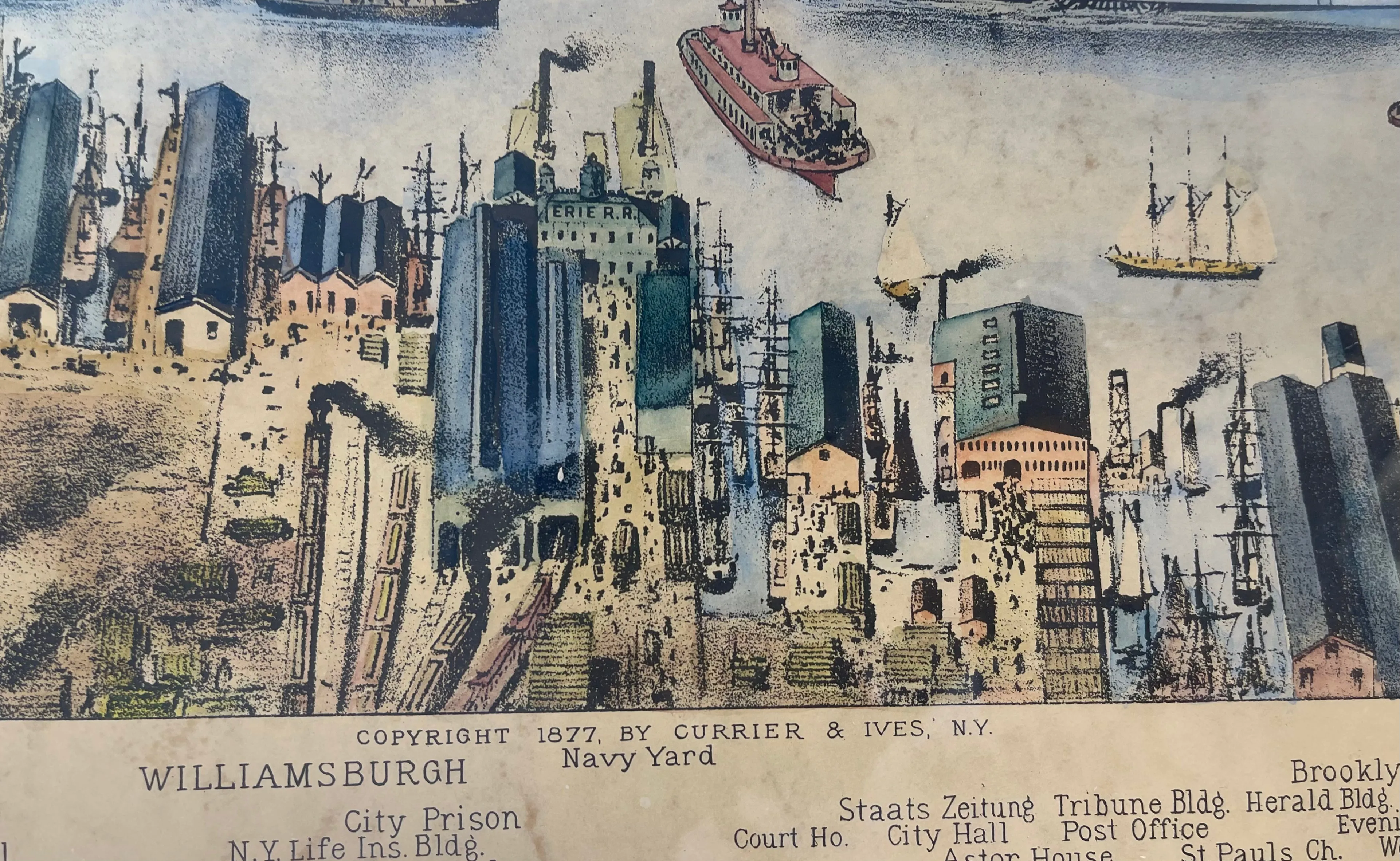 BEAUTIFUL FRAMED PRINT, NEW YORK TO BROOKLYN VINTAGE MAP 1877  - $20K APR w CoA!