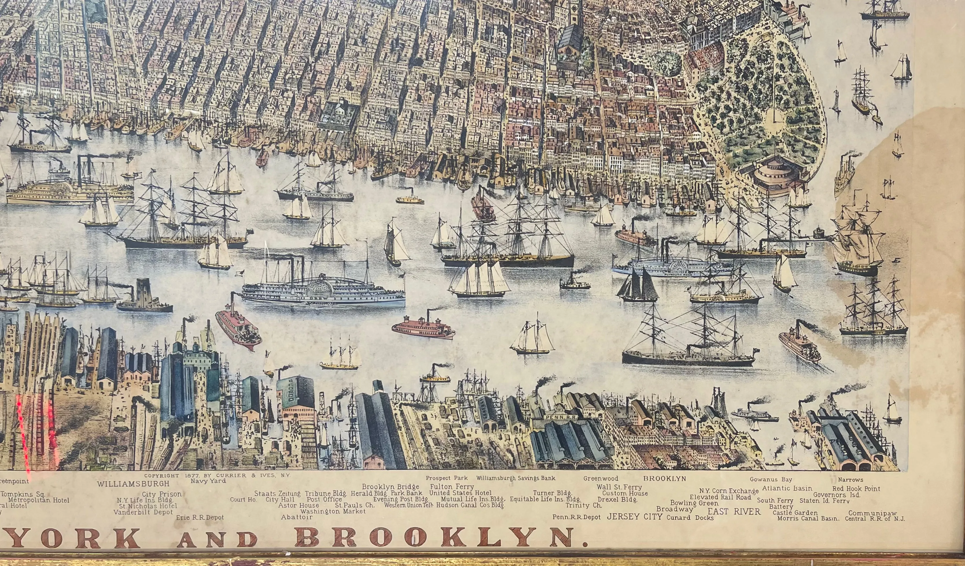 BEAUTIFUL FRAMED PRINT, NEW YORK TO BROOKLYN VINTAGE MAP 1877  - $20K APR w CoA!