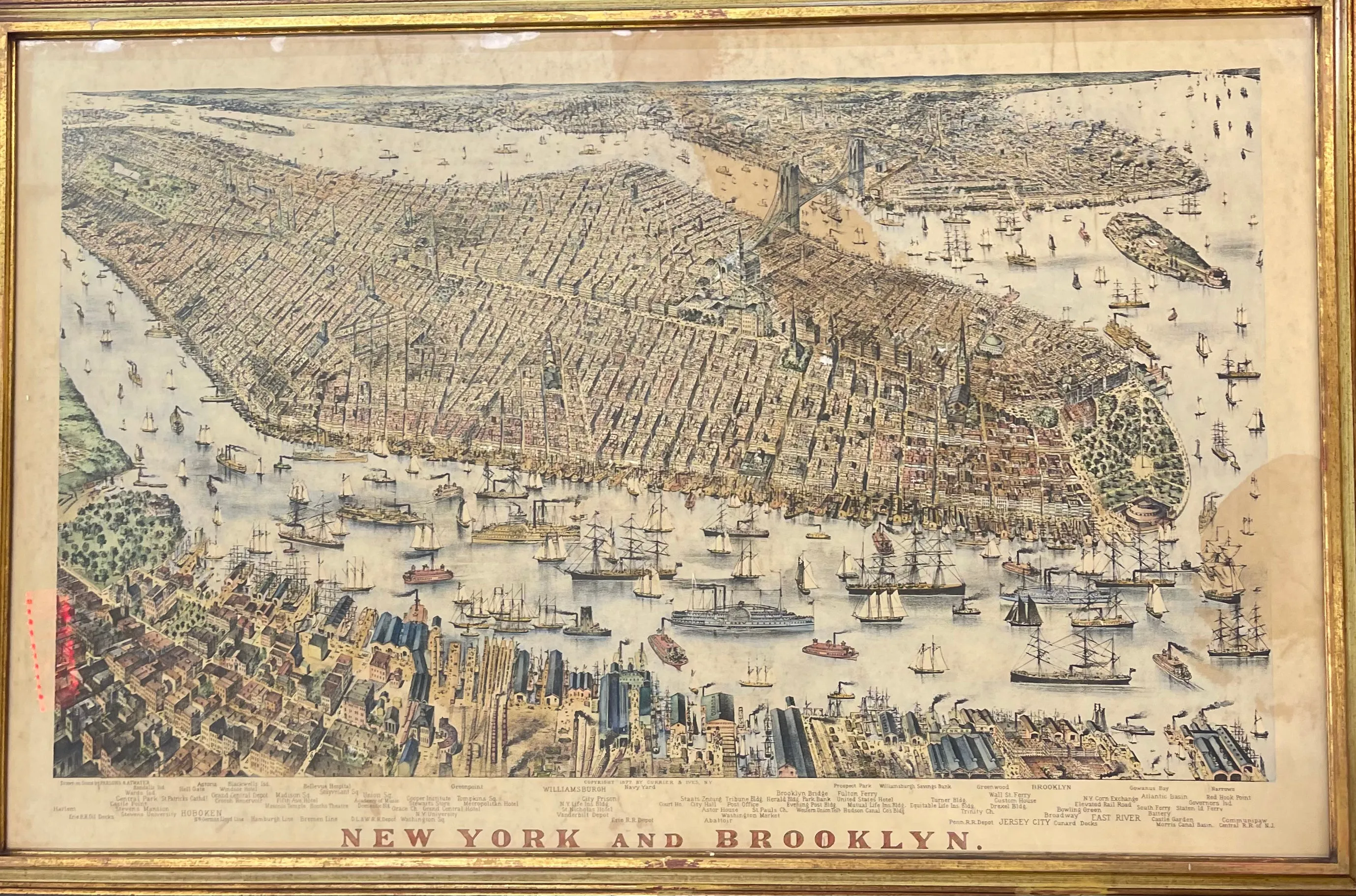 BEAUTIFUL FRAMED PRINT, NEW YORK TO BROOKLYN VINTAGE MAP 1877  - $20K APR w CoA!