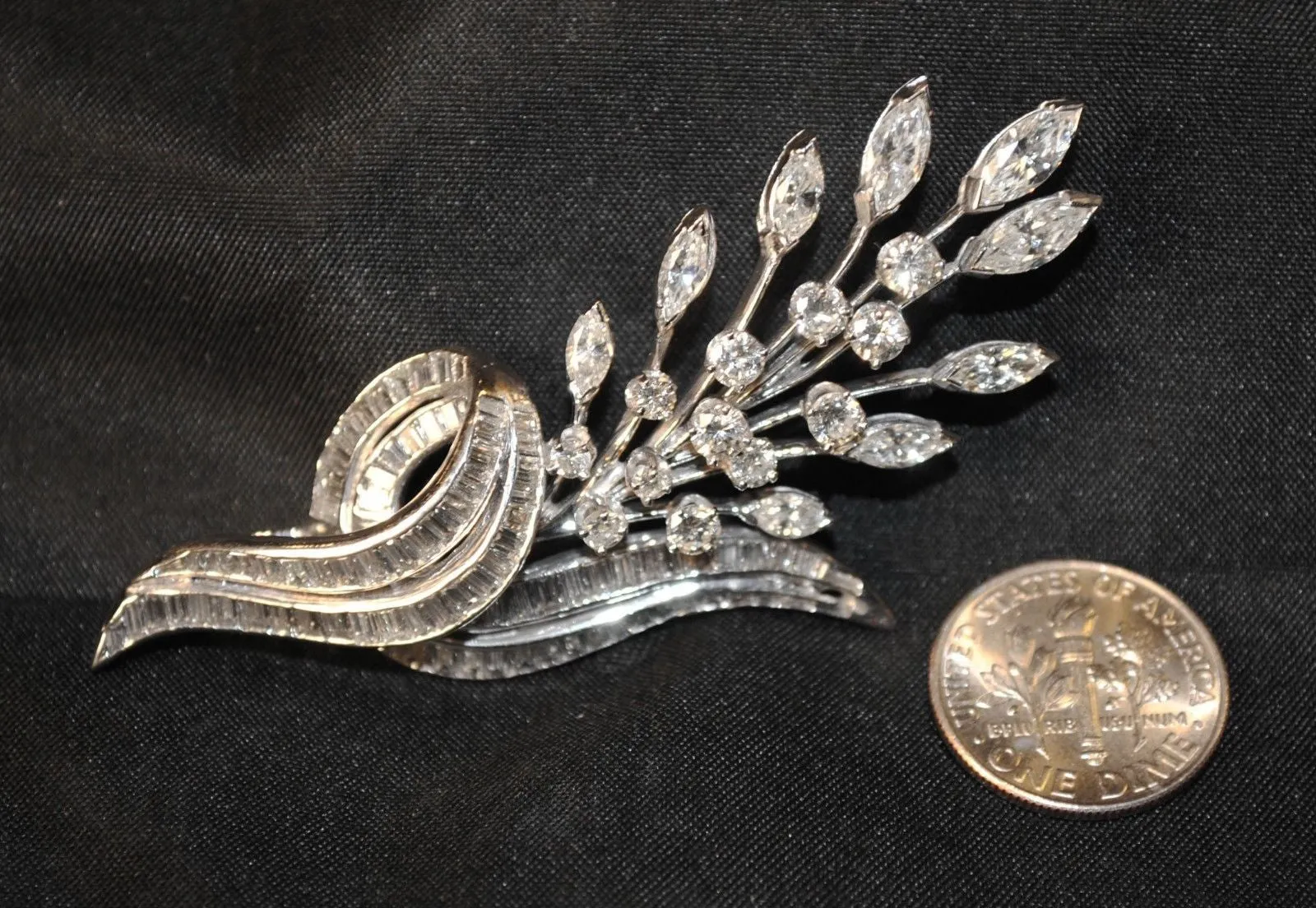 Beautiful Retro Style Diamond Flower Brooch in Solid 14K White Gold with 6.50 Carats in Diamonds - $30K VALUE}