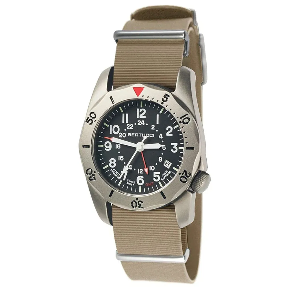Bertucci A-2TR Field Pro GMT, BLACK DIAL - Khaki Italian Rubber Band - 12132