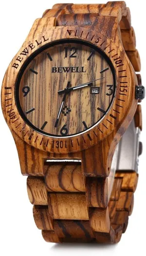 BEWELL W086B Mens Wooden Watch Analog Quartz Lightweight Handmade Wood Wrist Watch