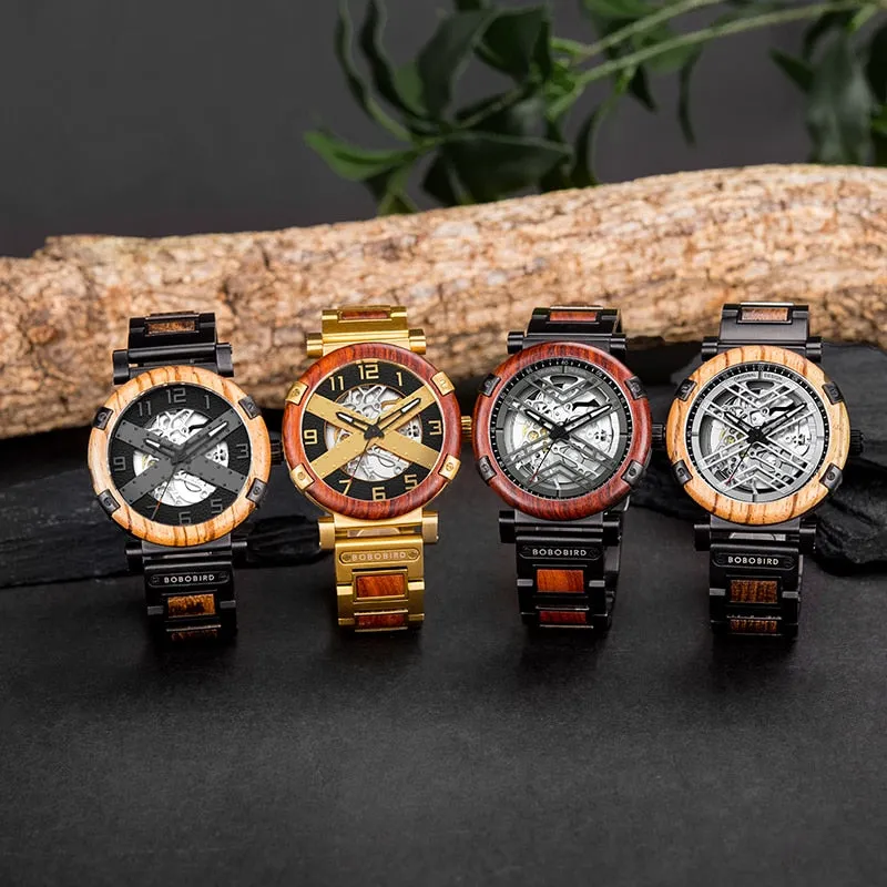BOBO BIRD 45mm Men Watch Wooden Luxury Skeleton Automatic Mechanical Wristwatch Business Wrist Watch X Series