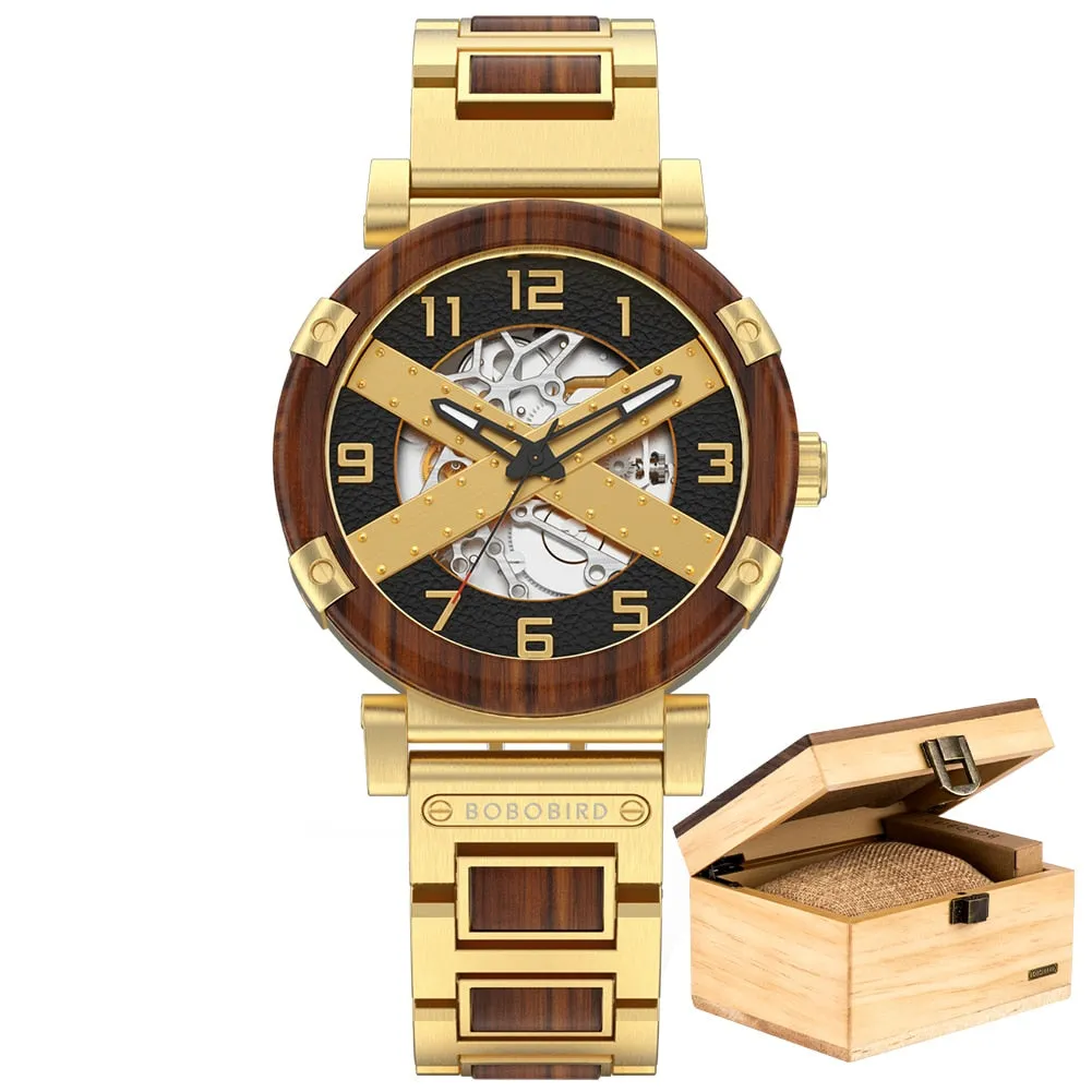 BOBO BIRD 45mm Men Watch Wooden Luxury Skeleton Automatic Mechanical Wristwatch Business Wrist Watch X Series