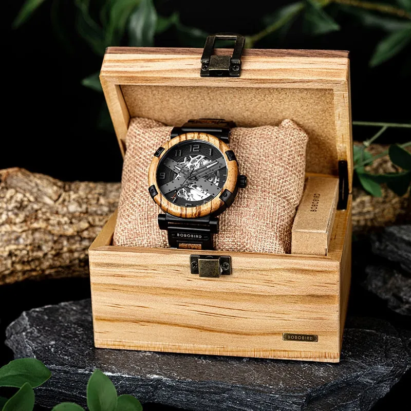BOBO BIRD 45mm Men Watch Wooden Luxury Skeleton Automatic Mechanical Wristwatch Business Wrist Watch X Series