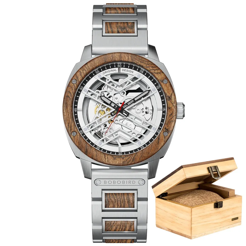 BOBO BIRD 45mm Men Watch Wooden Luxury Skeleton Automatic Mechanical Wristwatch Business Wrist Watch X Series