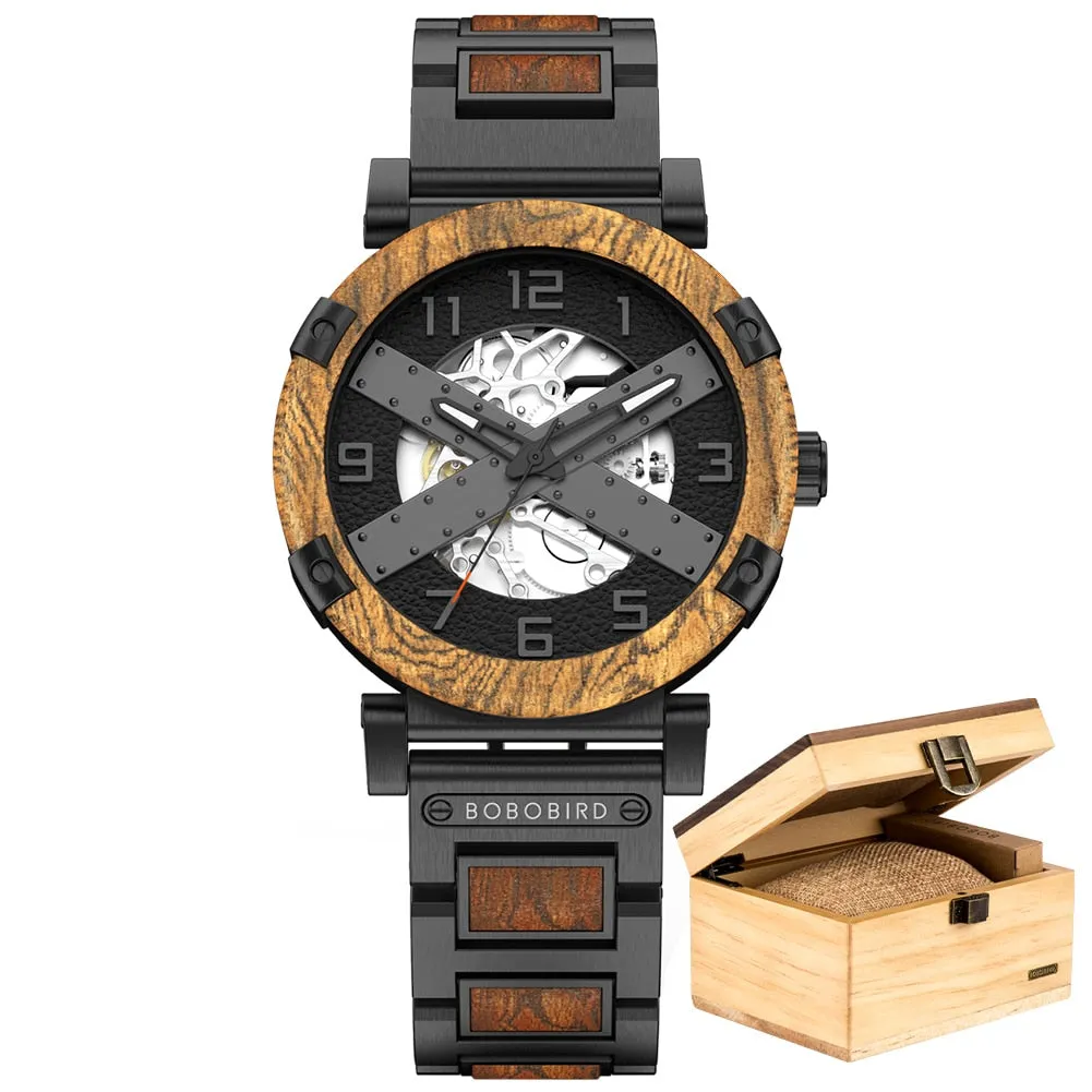 BOBO BIRD 45mm Men Watch Wooden Luxury Skeleton Automatic Mechanical Wristwatch Business Wrist Watch X Series