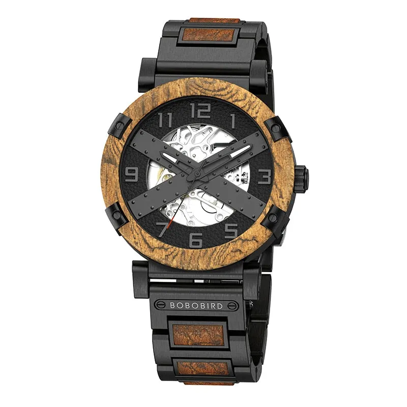BOBO BIRD 45mm Men Watch Wooden Luxury Skeleton Automatic Mechanical Wristwatch Business Wrist Watch X Series