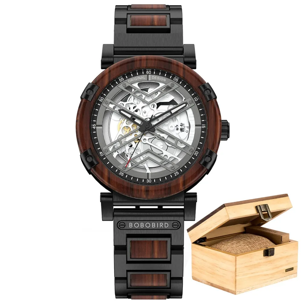 BOBO BIRD 45mm Men Watch Wooden Luxury Skeleton Automatic Mechanical Wristwatch Business Wrist Watch X Series