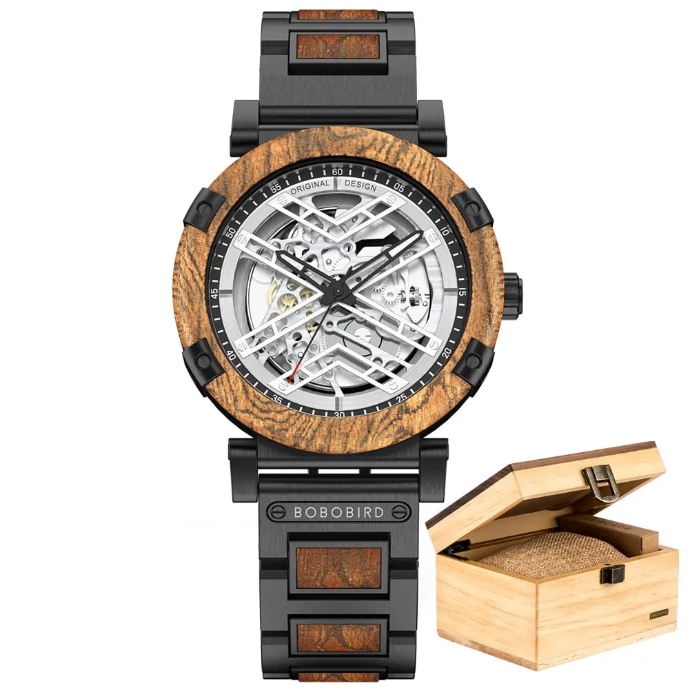BOBO BIRD 45mm Men Watch Wooden Luxury Skeleton Automatic Mechanical Wristwatch Business Wrist Watch X Series