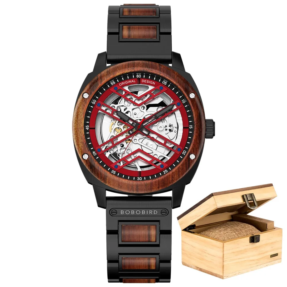 BOBO BIRD 45mm Men Watch Wooden Luxury Skeleton Automatic Mechanical Wristwatch Business Wrist Watch X Series