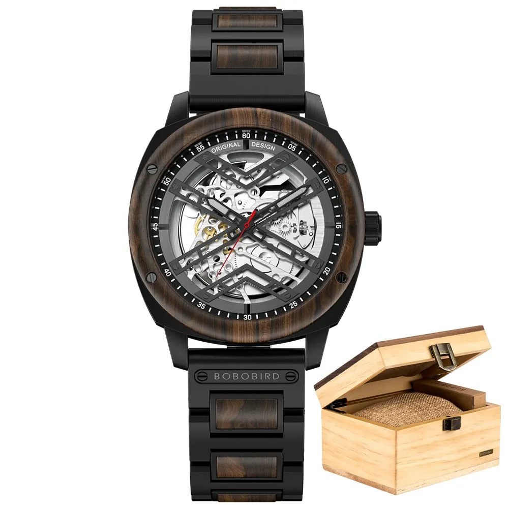 BOBO BIRD 45mm Men Watch Wooden Luxury Skeleton Automatic Mechanical Wristwatch Business Wrist Watch X Series