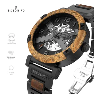 BOBO BIRD 45mm Men Watch Wooden Luxury Skeleton Automatic Mechanical Wristwatch Business Wrist Watch X Series