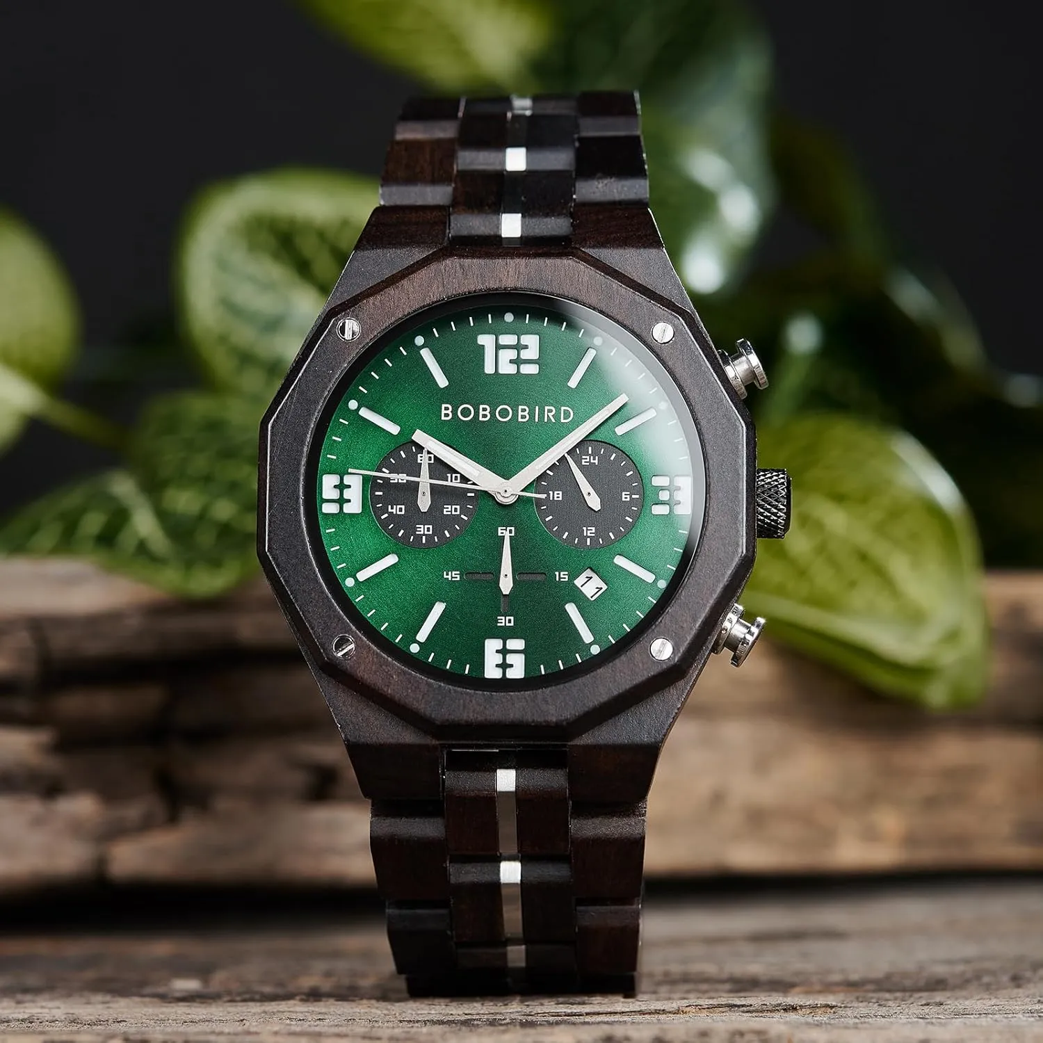 BOBO BIRD Men's Wooden Watch Sport Fashion Wristwatch Casual Chronograph Quartz Watches Men's Wood Stainless Steel Strap Watch with Date Display