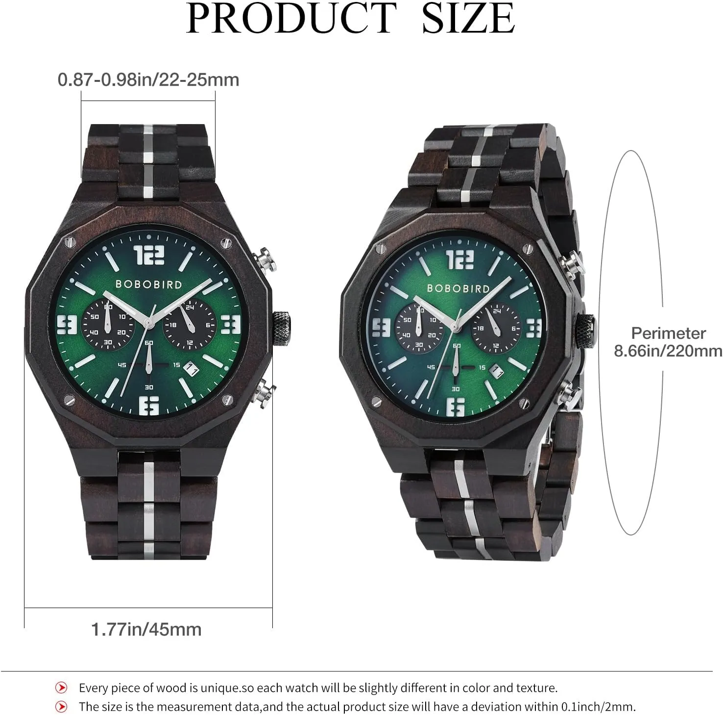 BOBO BIRD Men's Wooden Watch Sport Fashion Wristwatch Casual Chronograph Quartz Watches Men's Wood Stainless Steel Strap Watch with Date Display