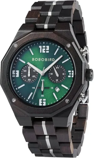 BOBO BIRD Men's Wooden Watch Sport Fashion Wristwatch Casual Chronograph Quartz Watches Men's Wood Stainless Steel Strap Watch with Date Display