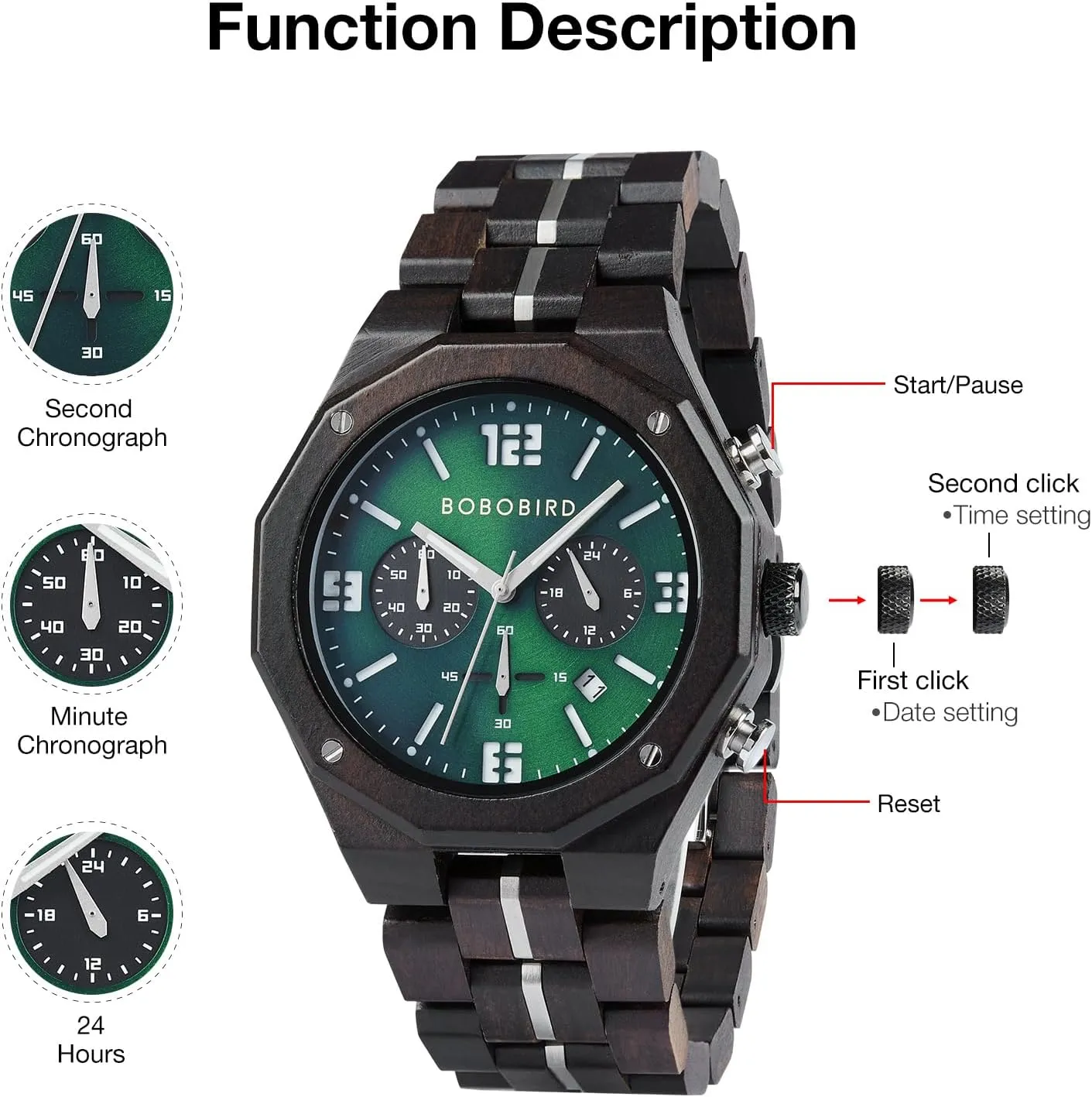 BOBO BIRD Men's Wooden Watch Sport Fashion Wristwatch Casual Chronograph Quartz Watches Men's Wood Stainless Steel Strap Watch with Date Display