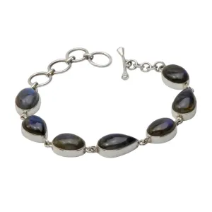 Bracelet with 7 Mixed Shaped Colourful Labradorite Stones elegantly hand-cast in Sterling Silver