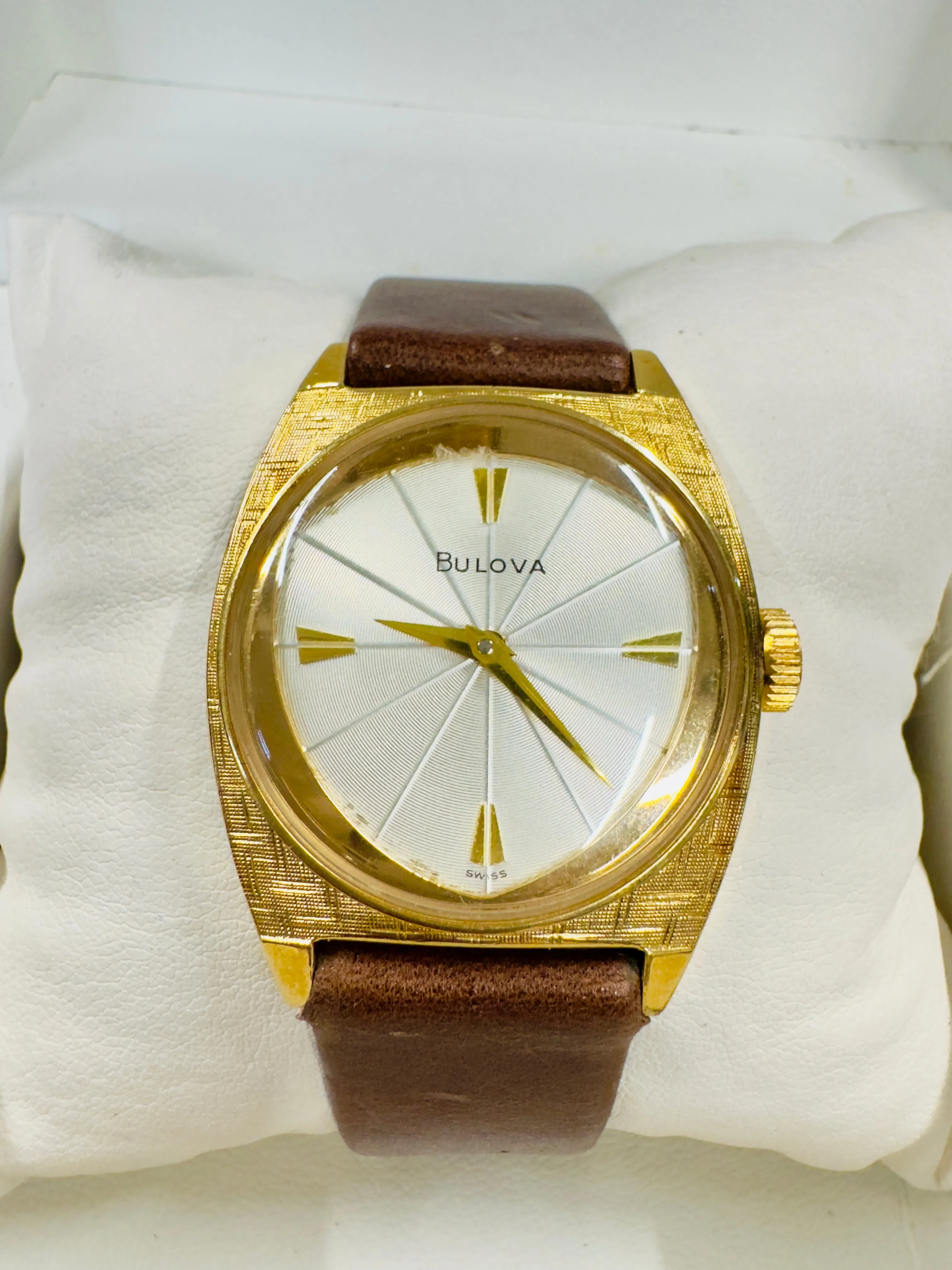Bulova Vintage Wristwatch of Gold Tone with Unique Engraved Dial- $10K APR w/COA