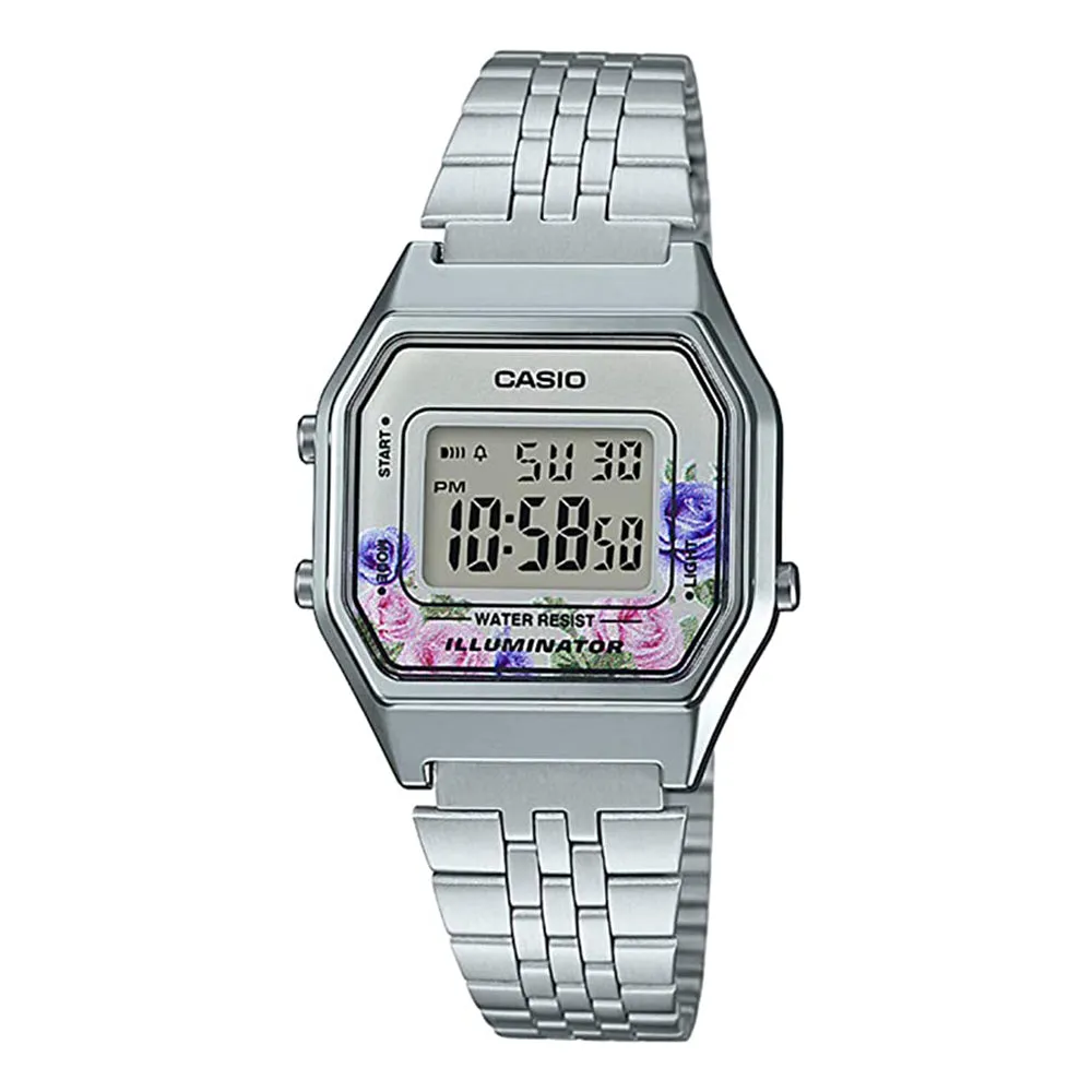 Casio Womens Vintage Floral Gray Dial Silver Band Chronograph Digital Watch - LA680WA-4CDF